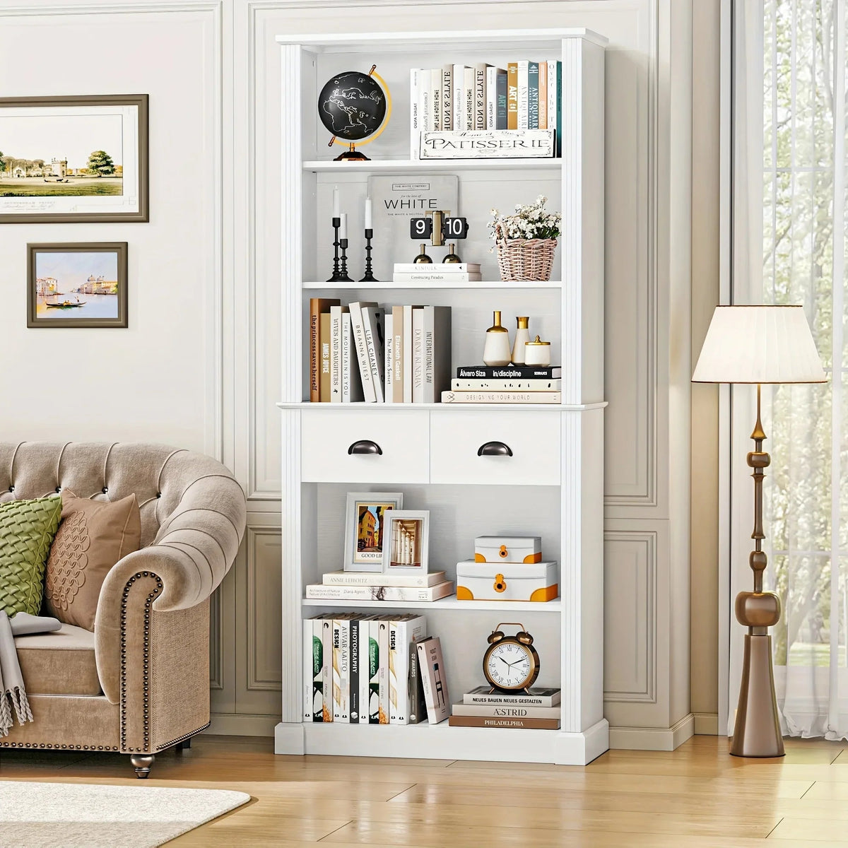 White Wooden 5-Tier Bookshelf with 2 Drawers and Adjustable Shelves