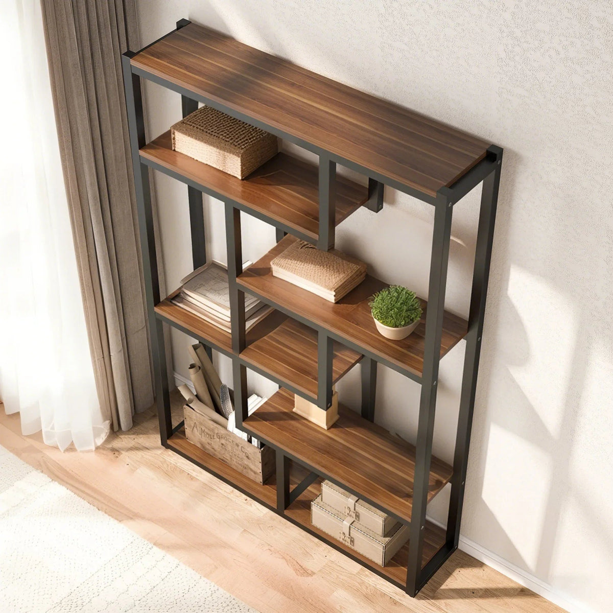 Wooden Bookcase with Staggered Shelves Modern Design
