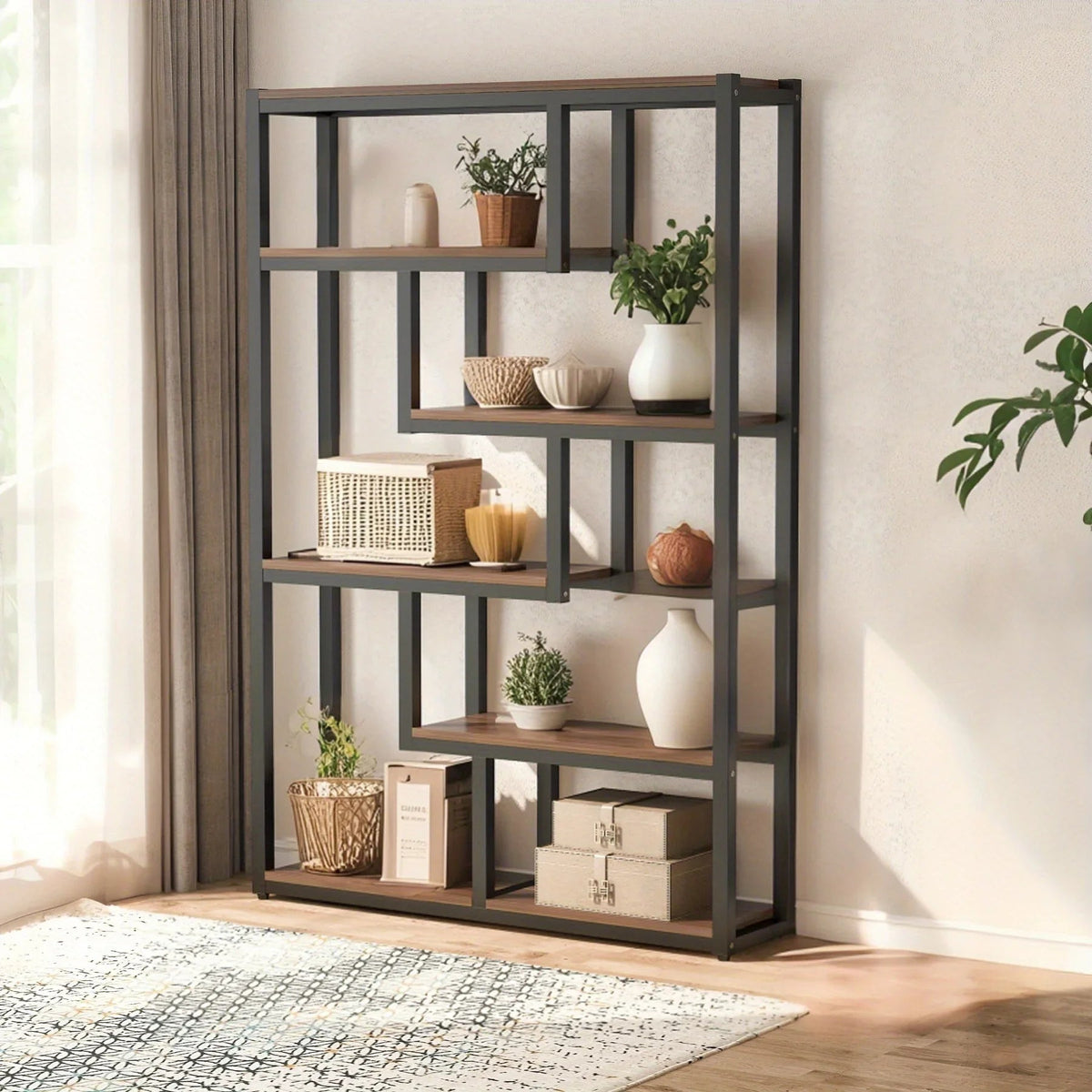 Wooden Bookcase with Staggered Shelves Modern Design