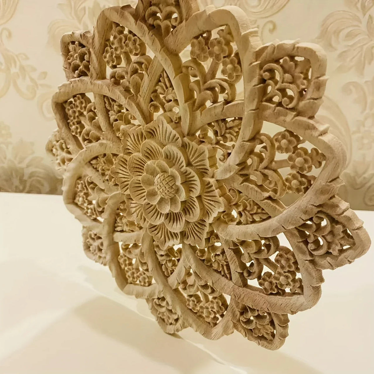 Wooden Flower Carving Disc - Yellow Floral Design on Natural Wood