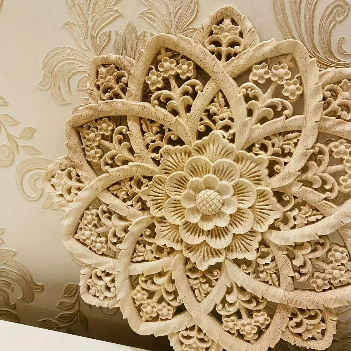 Wooden Flower Carving Disc - Yellow Floral Design on Natural Wood — House of Avana, view 1 of 24