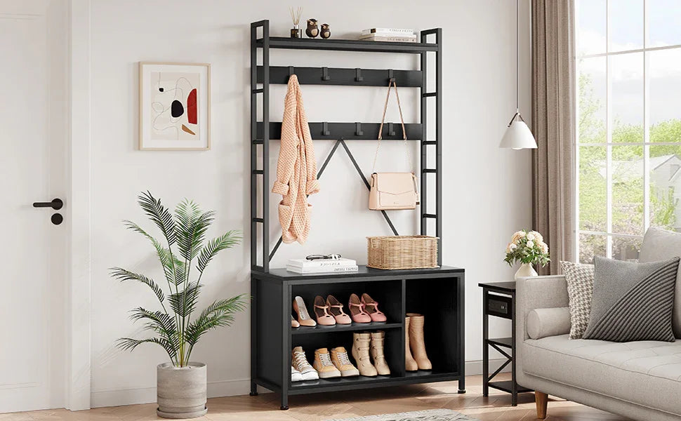 Wooden Hall Tree with Storage Bench and Coat Rack