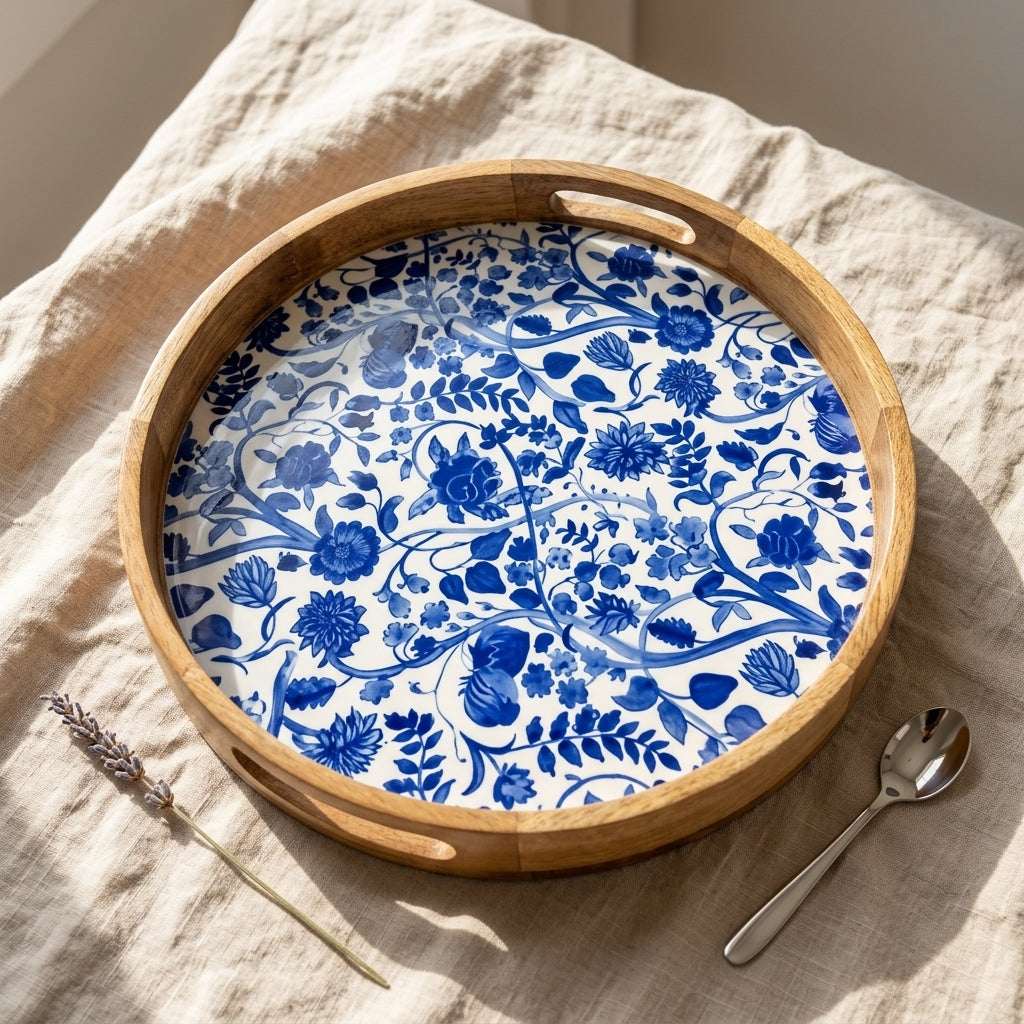 Round Blue Mango Wood Serving Tray — House of Avana, view 1 of 7