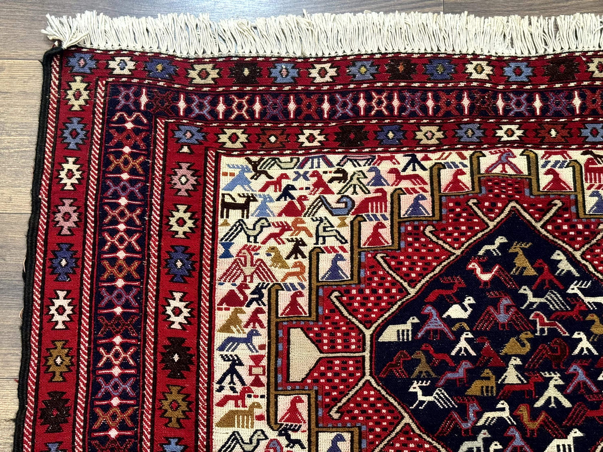 Persian Soumak Kilim Rug 4x6, Triple Medallions Tribal Pictorials, Caucasian Azerbaijani Kilim - Jewel Rugs, view 7