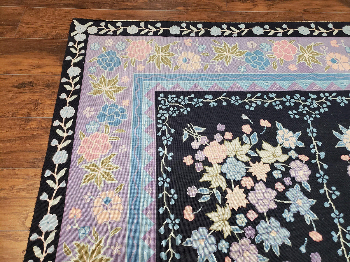 Chinese Needlepoint Rug 8 x 11.4, Hand-Woven Area Carpet, Flatweave Rug, Black Blue Light Violet Floral Garden European Design Wool Aubusson - Jewel Rugs, view 7