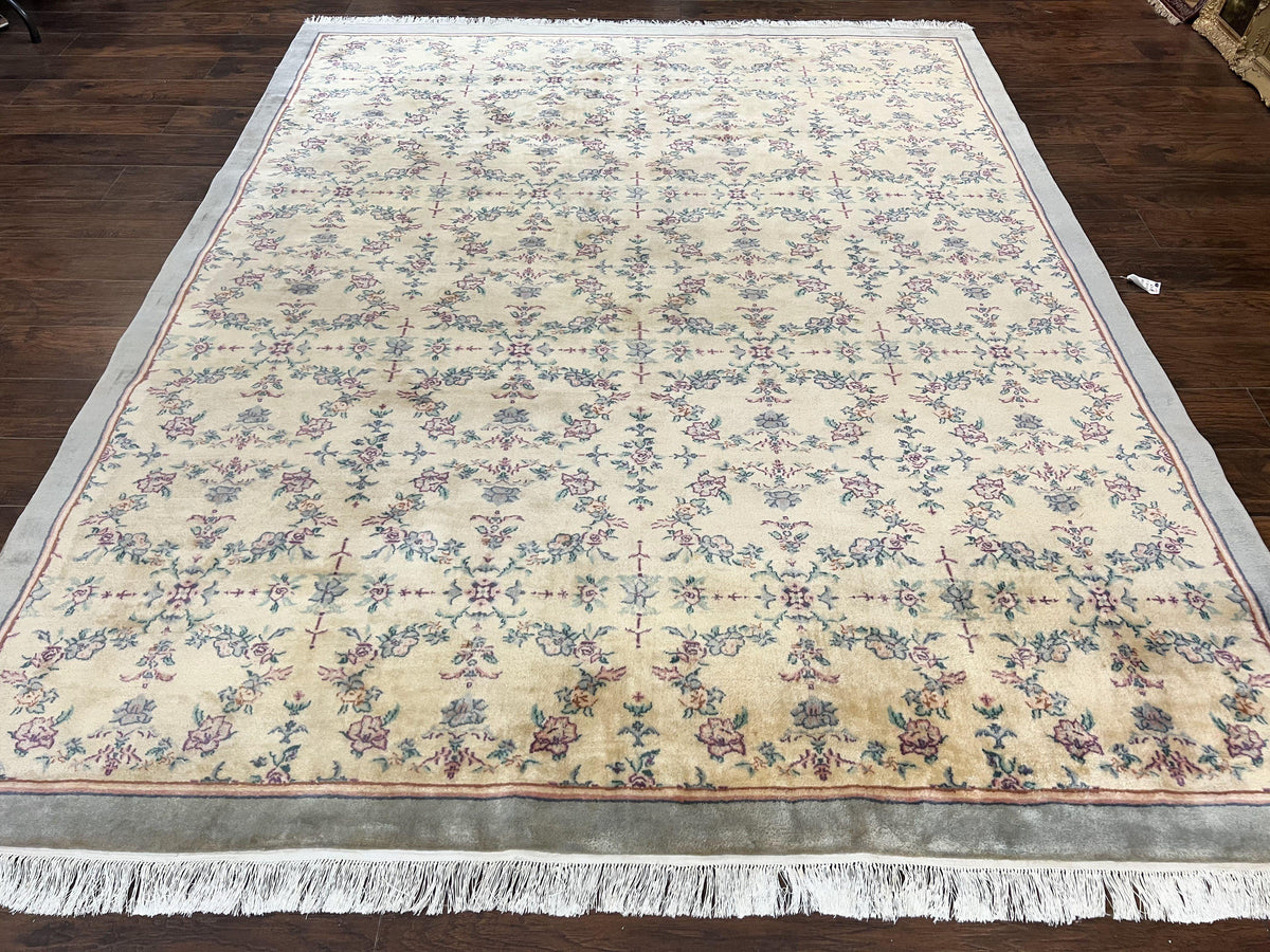 Sino Persian Rug 8x10, Floral, Oatmeal and Light Teal, Handmade Wool Vintage Carpet - Jewel Rugs, view 2