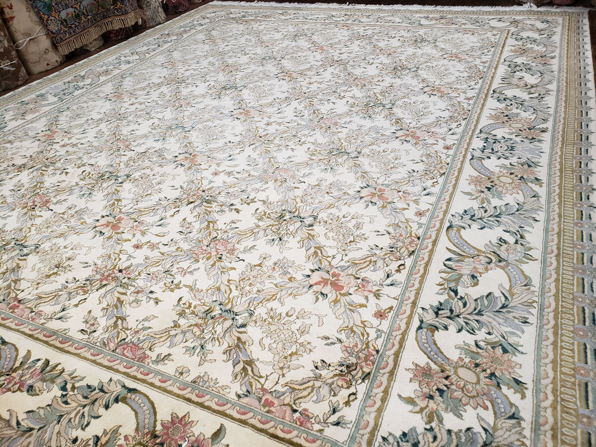 Pak Persian Floral Rug 11 x 12.6, Ivory, Very Fine, Hand Knotted - Jewel Rugs, view 3