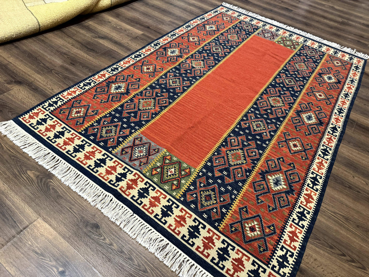 Turkish Kilim Rug 5x8, Flatweave Carpet, Handmade Bohemian Rug, Terracotta and Navy Blue - Jewel Rugs, view 3