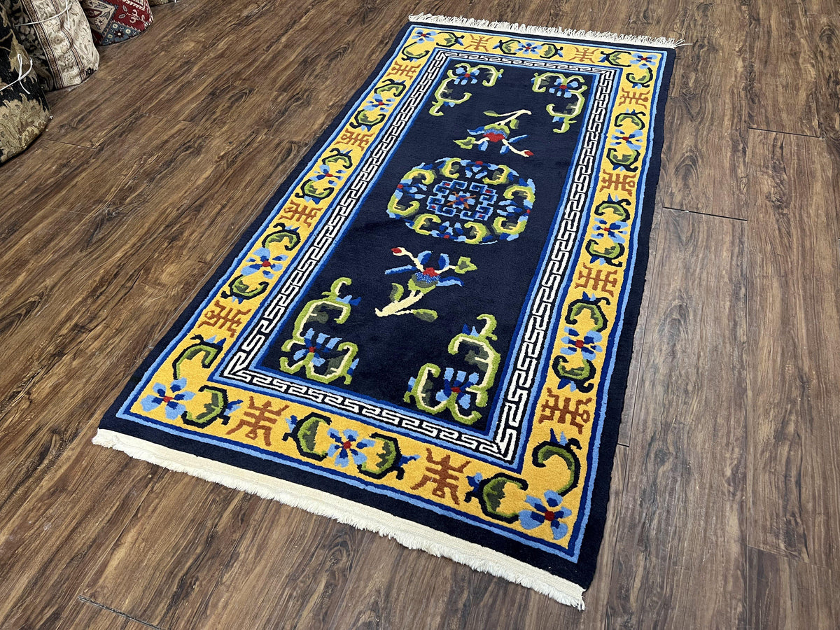 Chinese Art Deco Rug 3 x 5.9, Handmade Chinese Peking Carpet, Dark Blue and Gold, Medallion, Asian Oriental 3x6 Hand Knotted Vintage Rug - Jewel Rugs, view 3
