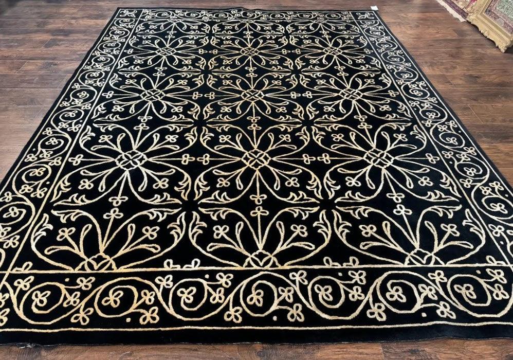 Tibetan Rug 8x10, Wool and Silk, Raised Pattern, Black and Gold, Floral - Jewel Rugs, view 2