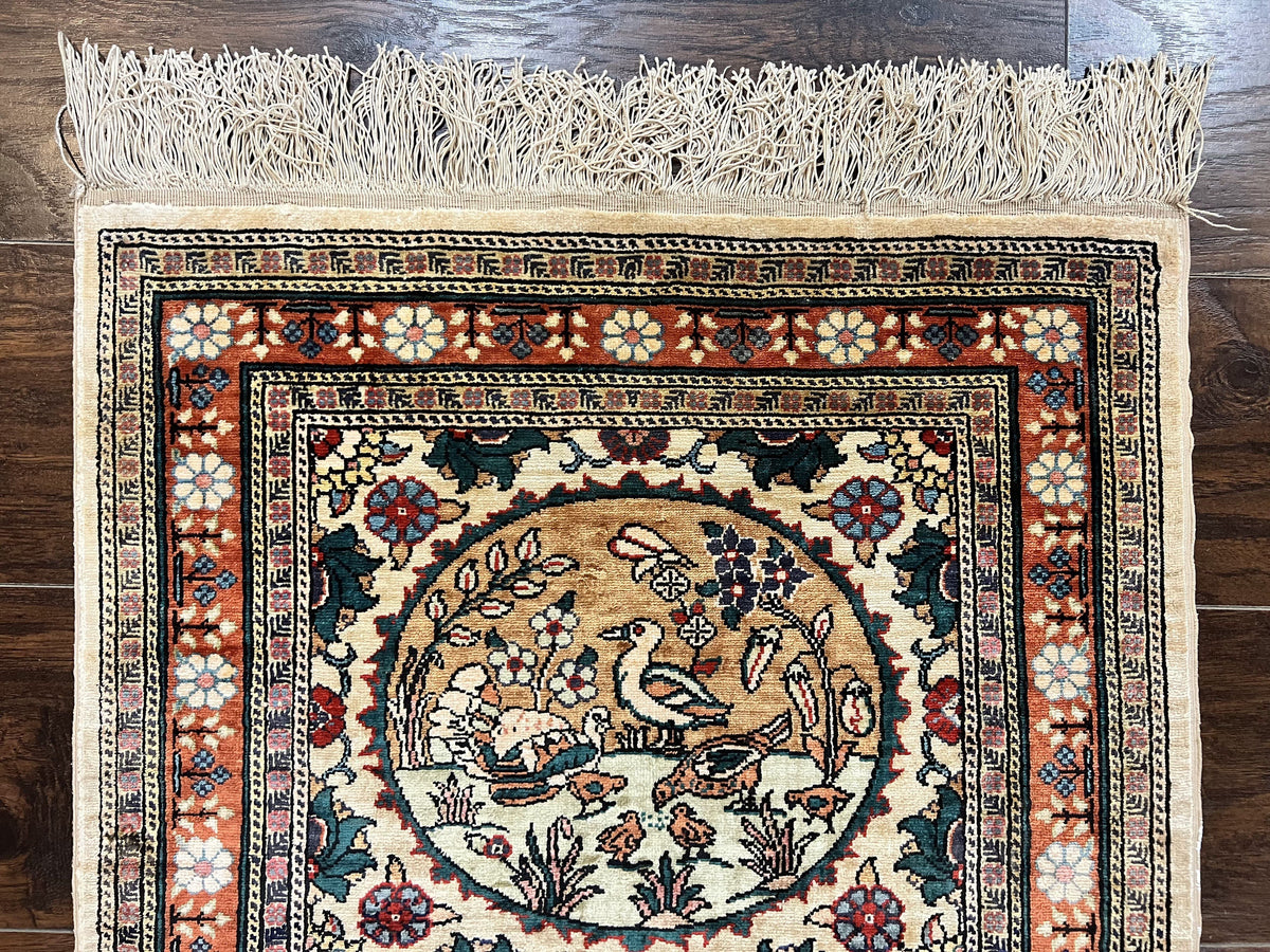 Silk Turkish Rug 2x4, Fine Handmade Oriental Rug, Animal Pictorial Birds Silk Pile on Silk Foundation Vintage Hand Knotted Hereke Carpet - Jewel Rugs, view 4