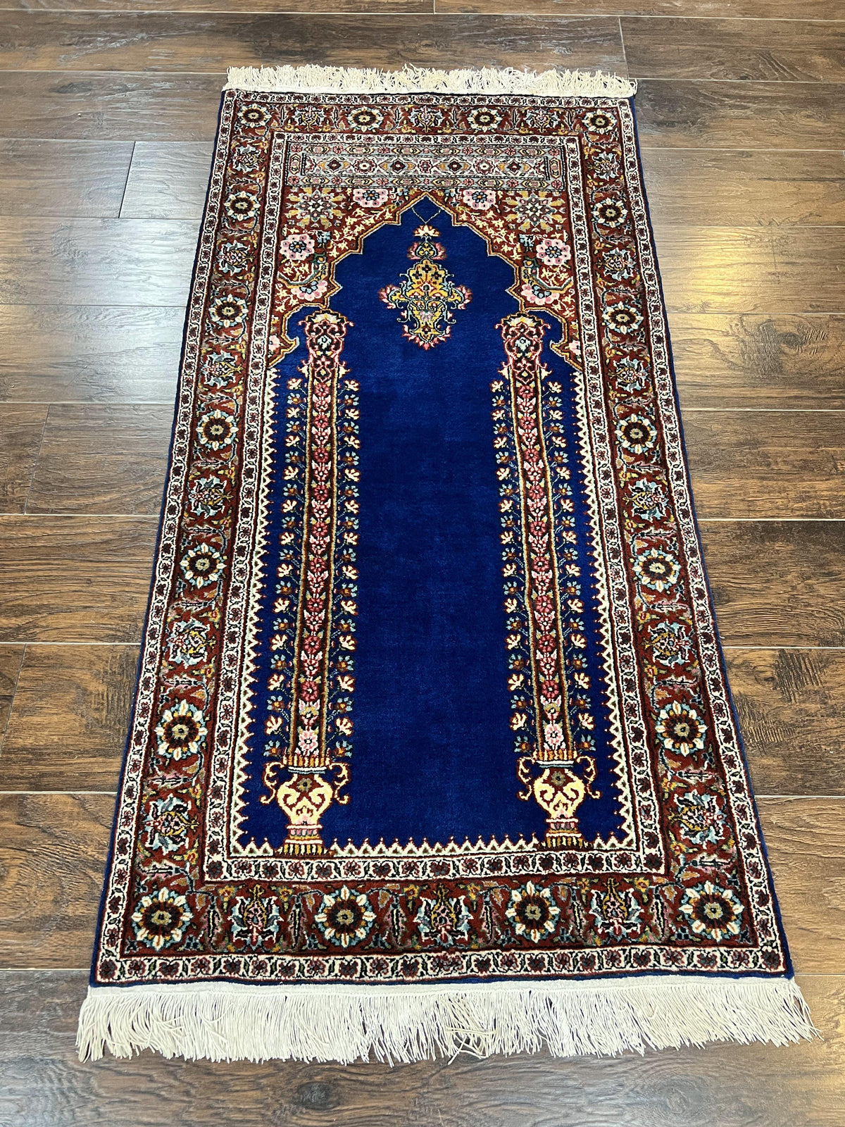 Indo Persian Prayer Rug 3x5, Fine Oriental Carpet, Dark Blue and Red, Vintage Hand Knotted Handmade Prayer Rug - Jewel Rugs