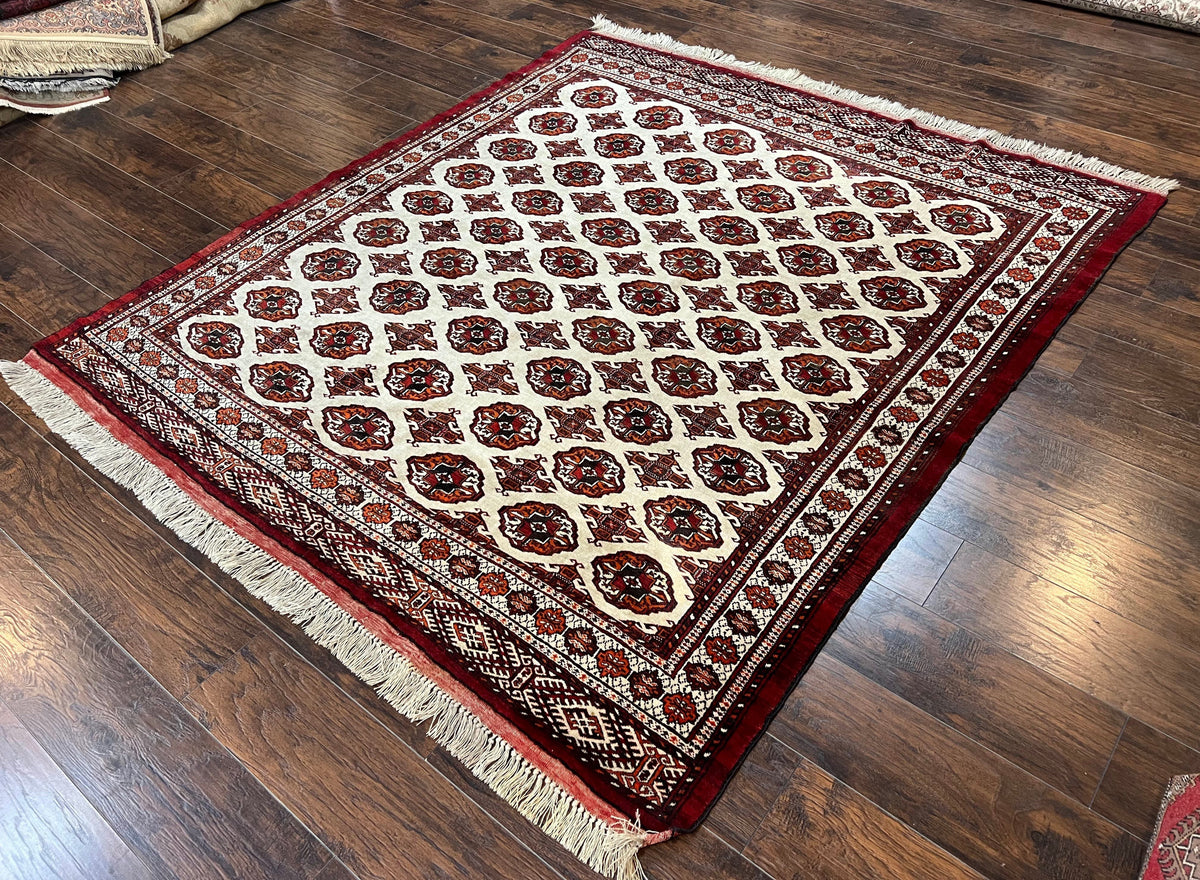 Persian Turkoman Rug 7x8, Almost Square Rare, Hand Knotted, Yamud, Bohemian Rug, Handmade Tribal Rug, Cream Red, Handmade Oriental Carpet - Jewel Rugs, view 3