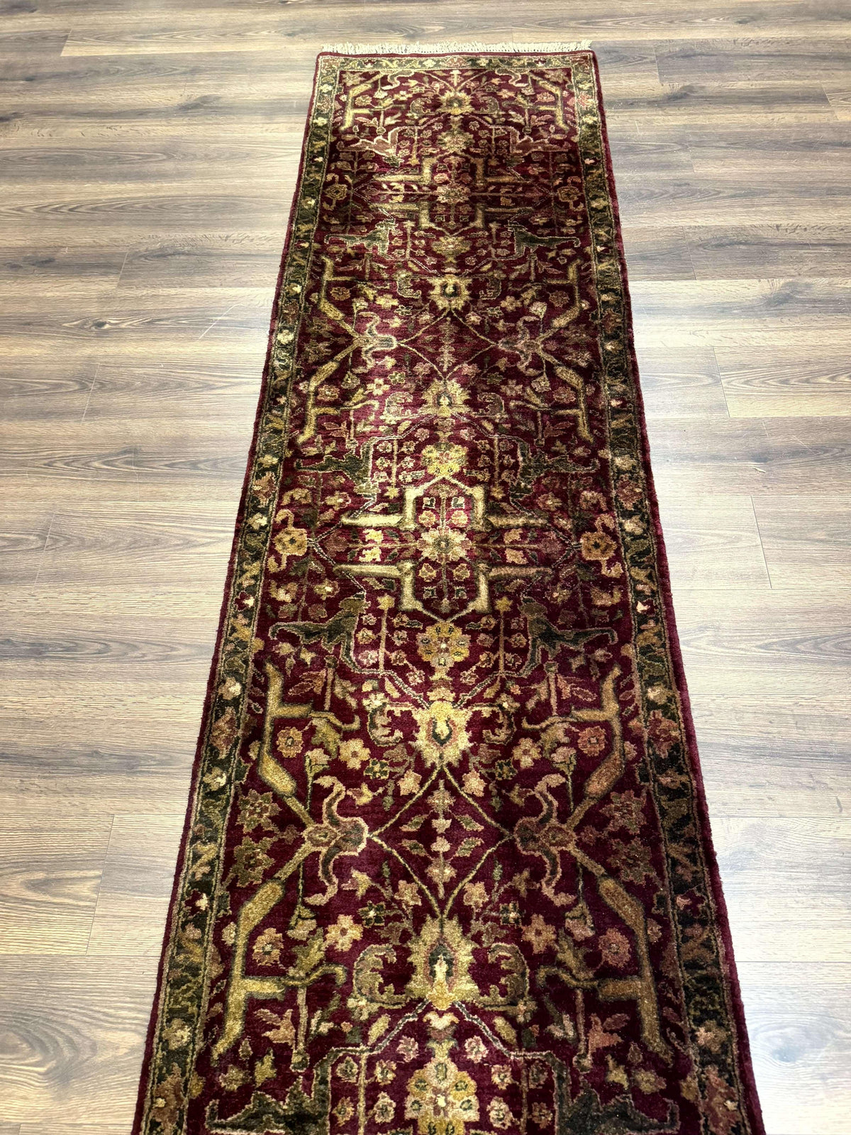 Indo Persian Runner Rug 2.7 x 13.8, Maroon, Wool, Handmade Indian Rug for Hallway - Jewel Rugs, view 7