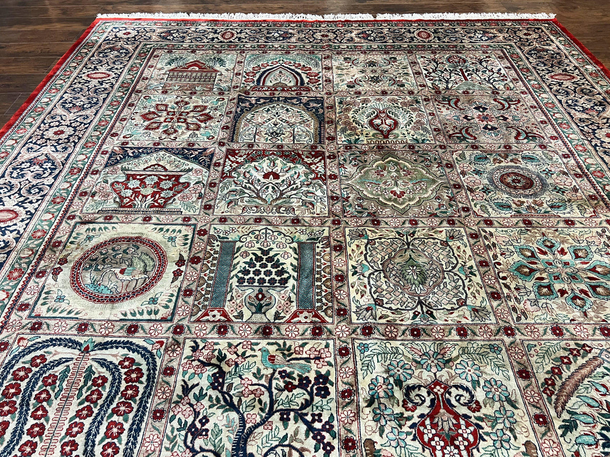 Silk Sino Persian Rug 9x12, Panel Design, Garden of Eden Pattern, Fine 200 KPSI, Hand Knotted Room Sized Silk Carpet, Vintage - Jewel Rugs, view 3