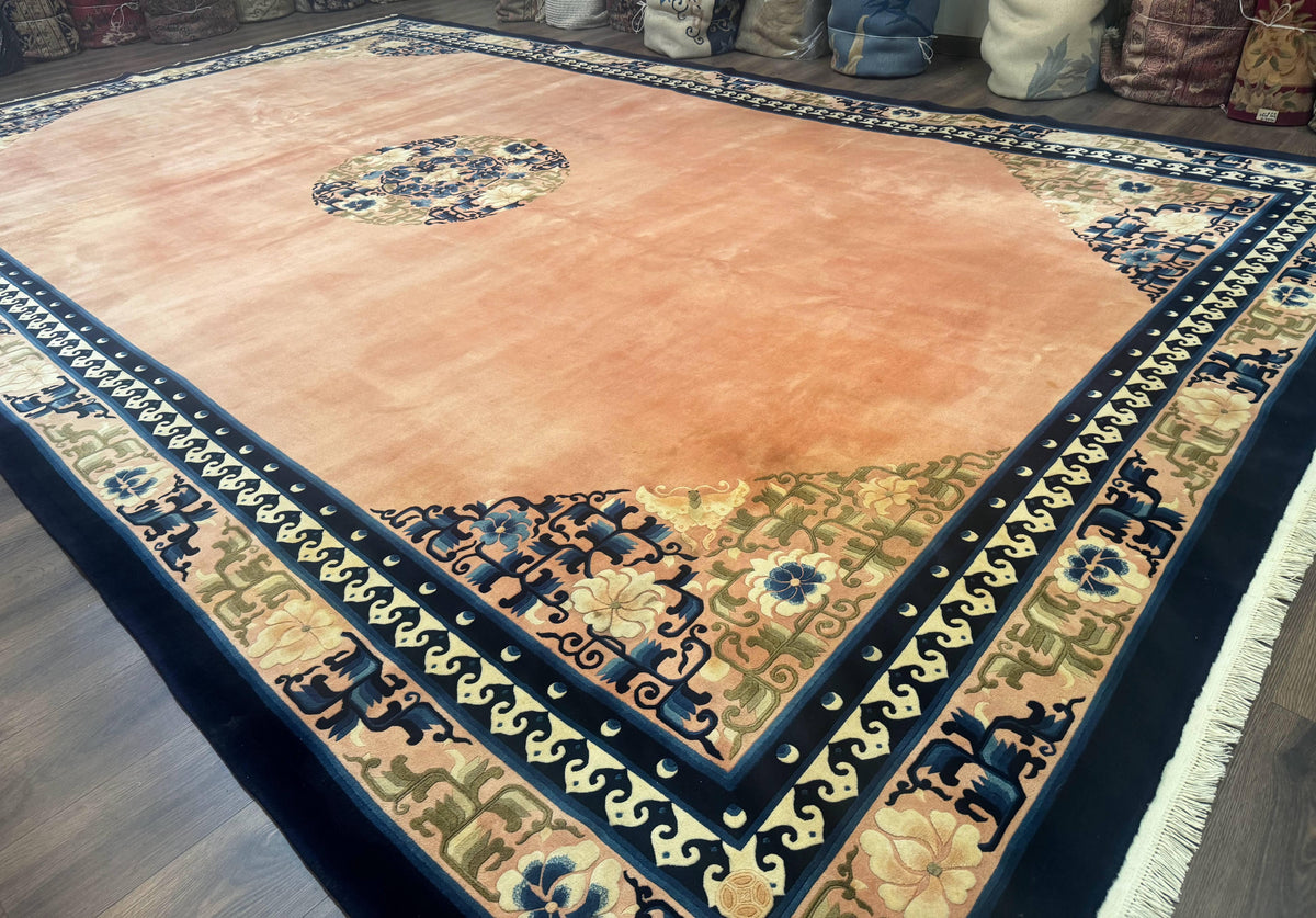 Chinese Wool Rug 11x18, Palace Sized Chinese Carpet, Peking Rug, Peach and Blue, Open Field, Simple Design, Art Deco Rug, Large Handmade Rug - Jewel Rugs, view 13