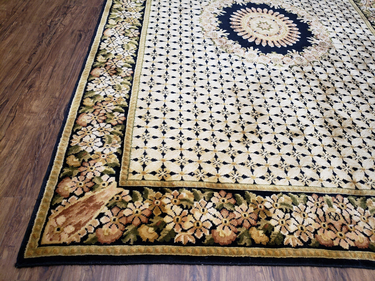 Indian Rug with Tibetan Weave, 6x8 - 6x9 Rugs, Indo-Tibetan Rug, Black and Cream Beige Tan, Floral Border, Soft Rug, Handmade Area Rug, Wool - Jewel Rugs, view 9