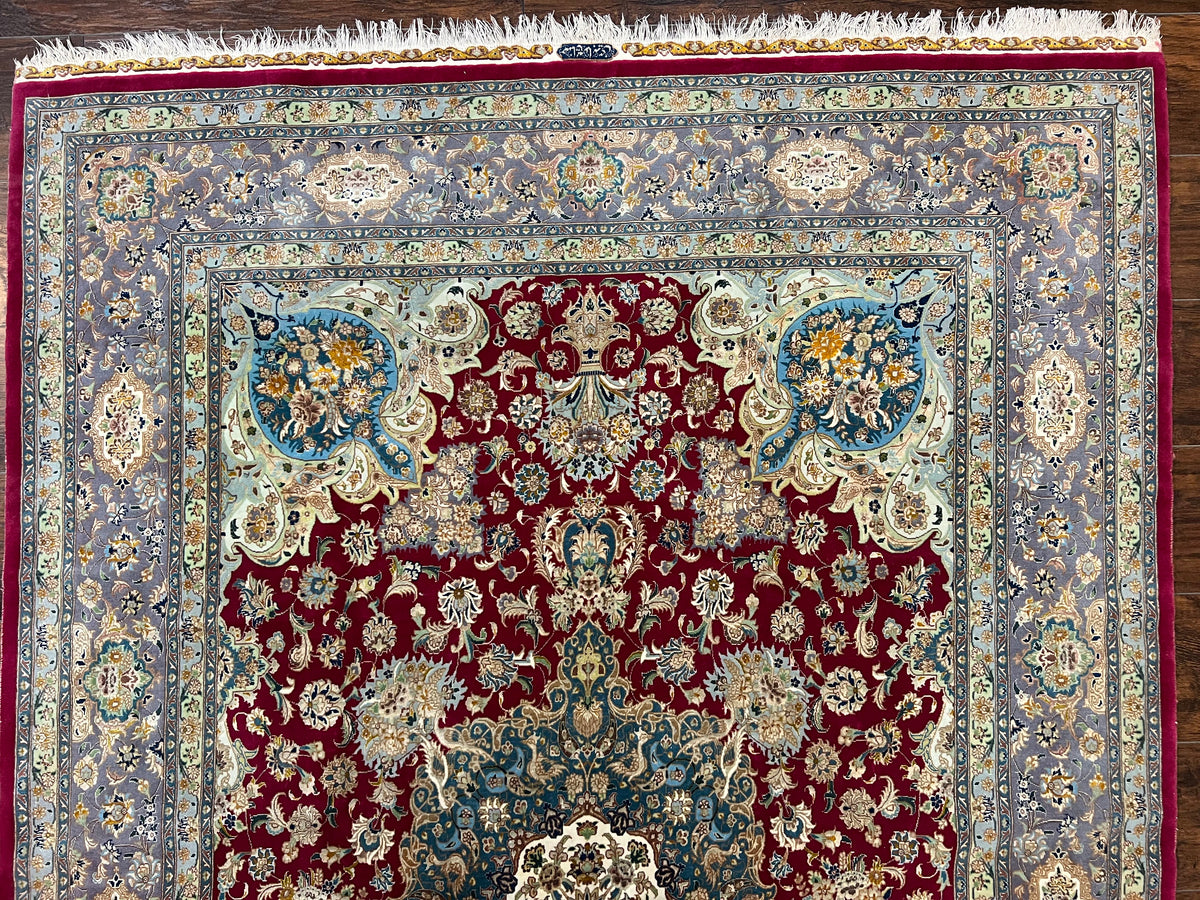 Stunning Persian Tabriz Rug 5x7, Signed by Masterweaver, Maroon, Floral Medallion, Ultra Fine 70 Raj 625 KPSI, Kork Wool Silk Foundation, Handmade - Jewel Rugs, view 4
