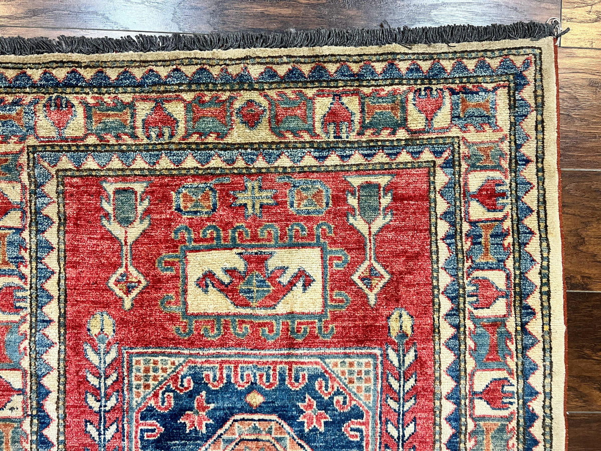 Turkish Kazak Rug 3x4, Wool Hand Knotted Small Vintage Carpet, Red Navy Blue, 3 x 4 Oriental Rug, Geometric Design - Jewel Rugs, view 8