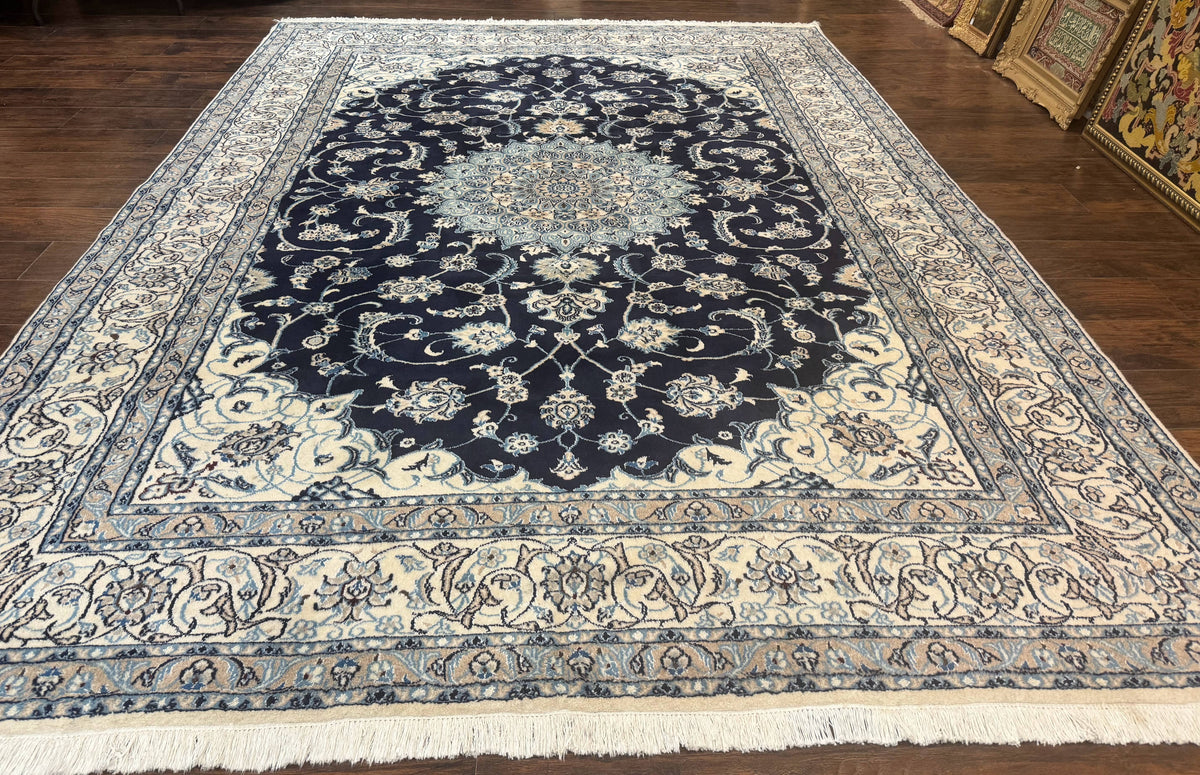 Persian Nain Rug 8x11, Navy Blue and Ivory, Handmade Wool Vintage Carpet, Floral Medallion - Jewel Rugs, view 2