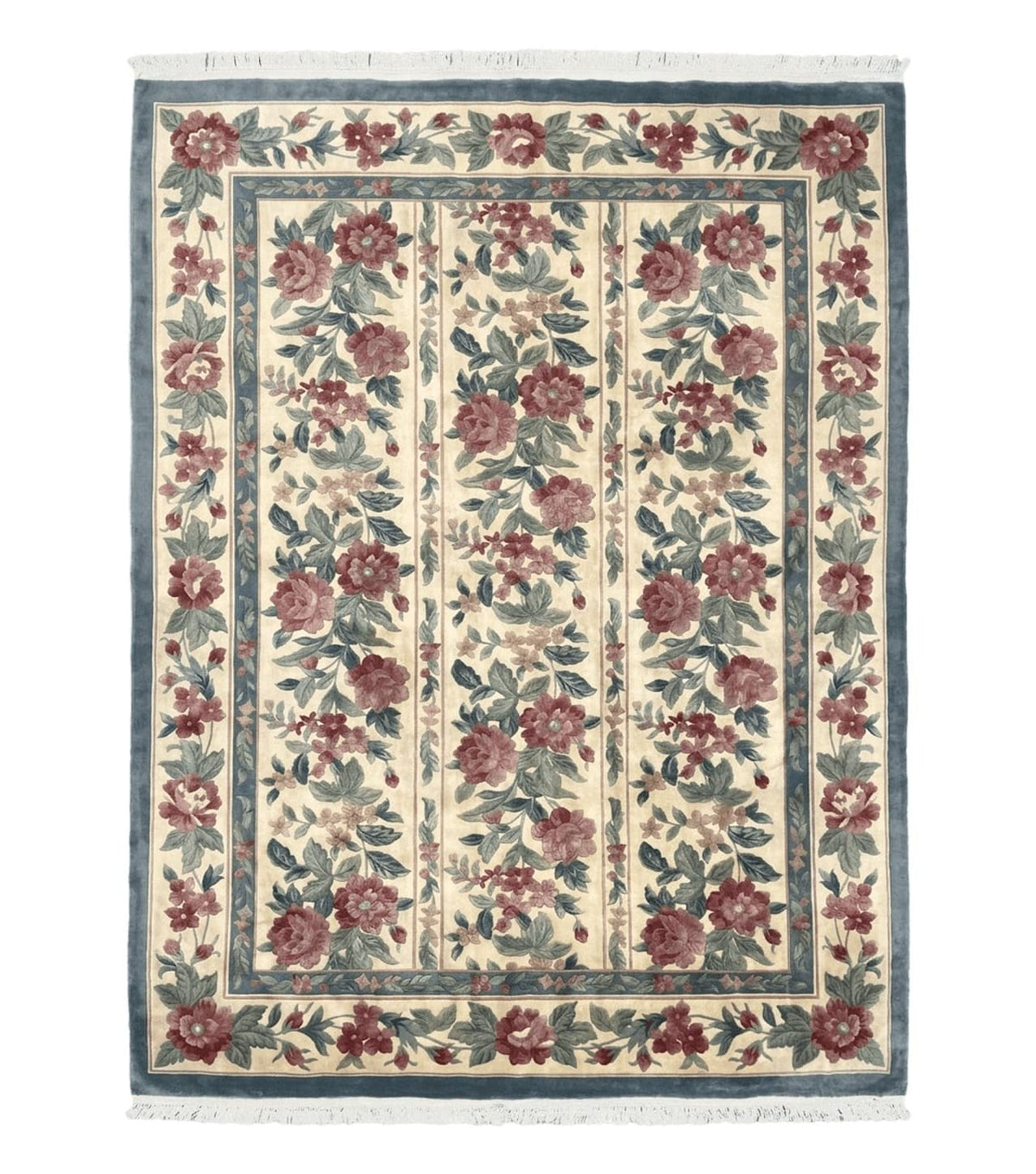 Chinese Wool Rug 8x11, Vintage 1960s Carpet, Cream and Teal, Floral Garden Panel, 8 x 11 ft Area Rug, Soft Handmade Room Sized 120 Line Rug - Jewel Rugs