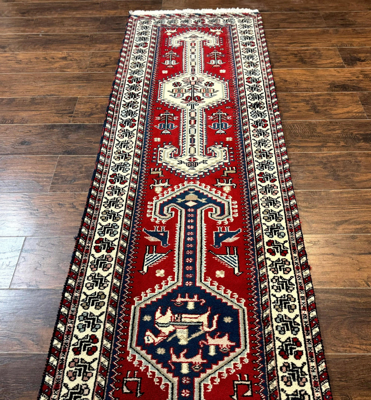 Indo Persian Runner Rug 2.6 x 12, Heriz Geometric Caucasian Design, Animal Pictorials, Tribal Runner Rug, Vintage Handmade Wool Red - Jewel Rugs, view 2