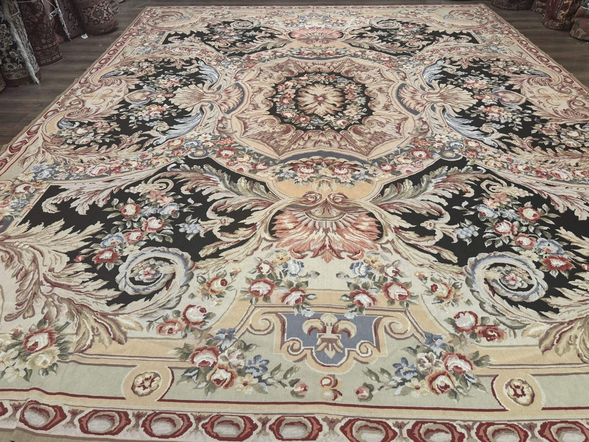 Wonderful Needlepoint Rug 10x14, Large Aubusson Carpet, Floral, Elegant, European Design - Jewel Rugs, view 2