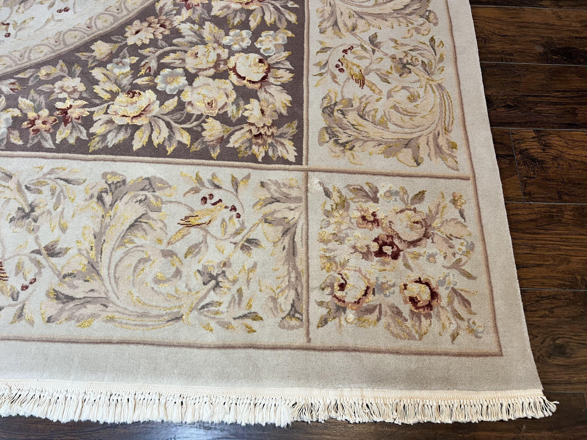 Aubusson Rug 10x14, Wool & Silk Highlights Hand Knotted Vintage Carpet, Birds Flowers, Fine Details, Elegant - Jewel Rugs, view 10