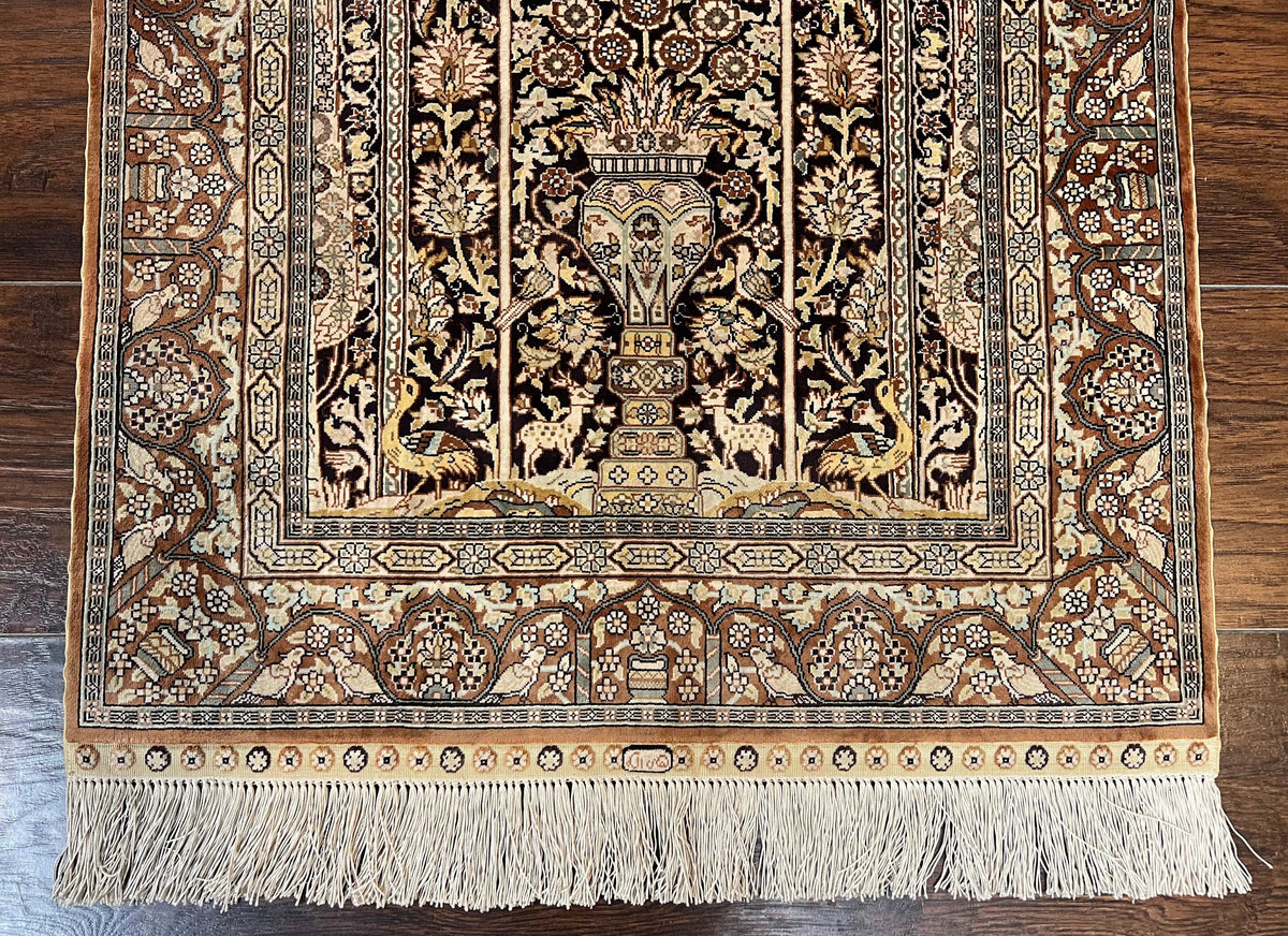 Turkish Silk Hereke Rug 2x3, Floral Vase Tree of Life Birds, Silk Pile on Silk Foundation, Vintage Oriental Carpet, Very Fine, Signature - Jewel Rugs, view 6