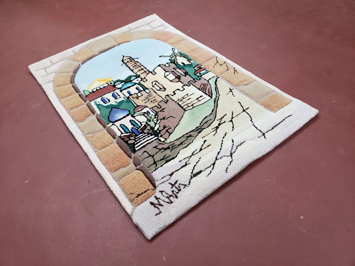 Small Judaica Rug, Rug with Jerusalem Pictorial, Chanuka Gift, Hand-Tufted, Jerusalem Gate, Vintage Judaica, Western Wall Rug, 3x4 Rug - Jewel Rugs, view 4
