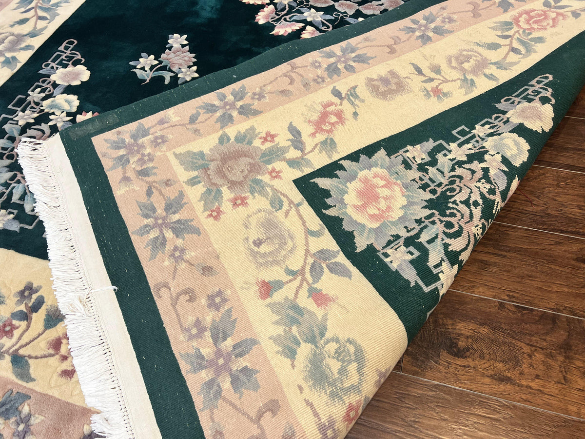 Chinese Art Deco Rug 9x12, Wool Hand Knotted Vintage Carpet, Dark Green & Cream, 90 Line Carving Rug - Jewel Rugs, view 11
