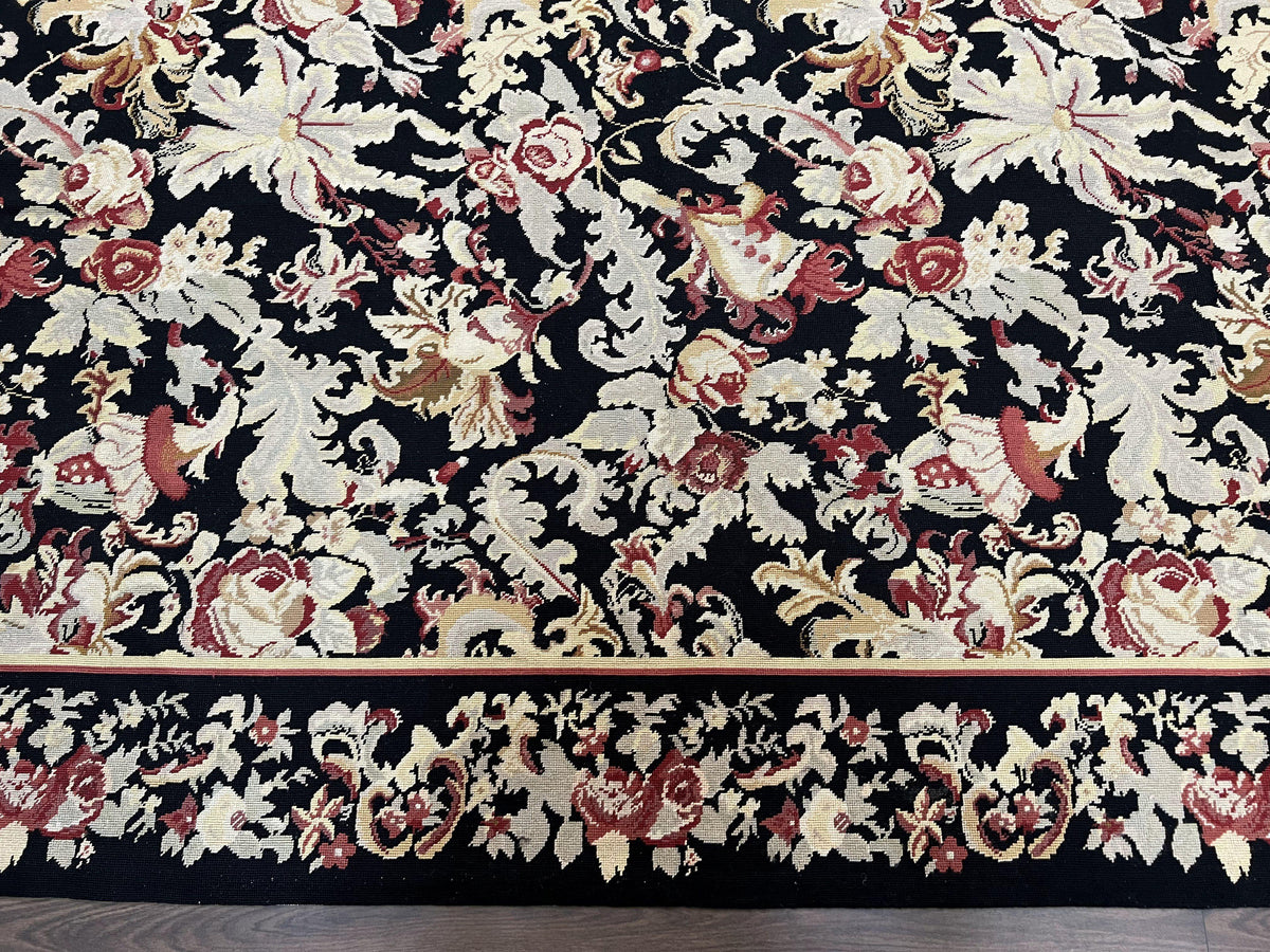 Wool Needlepoint Rug 9x12, William Morris Vintage Chinese Needlepoint Carpet 9 x 12, Handwoven, Allover Floral Area Rug, Black Light Green - Jewel Rugs, view 5