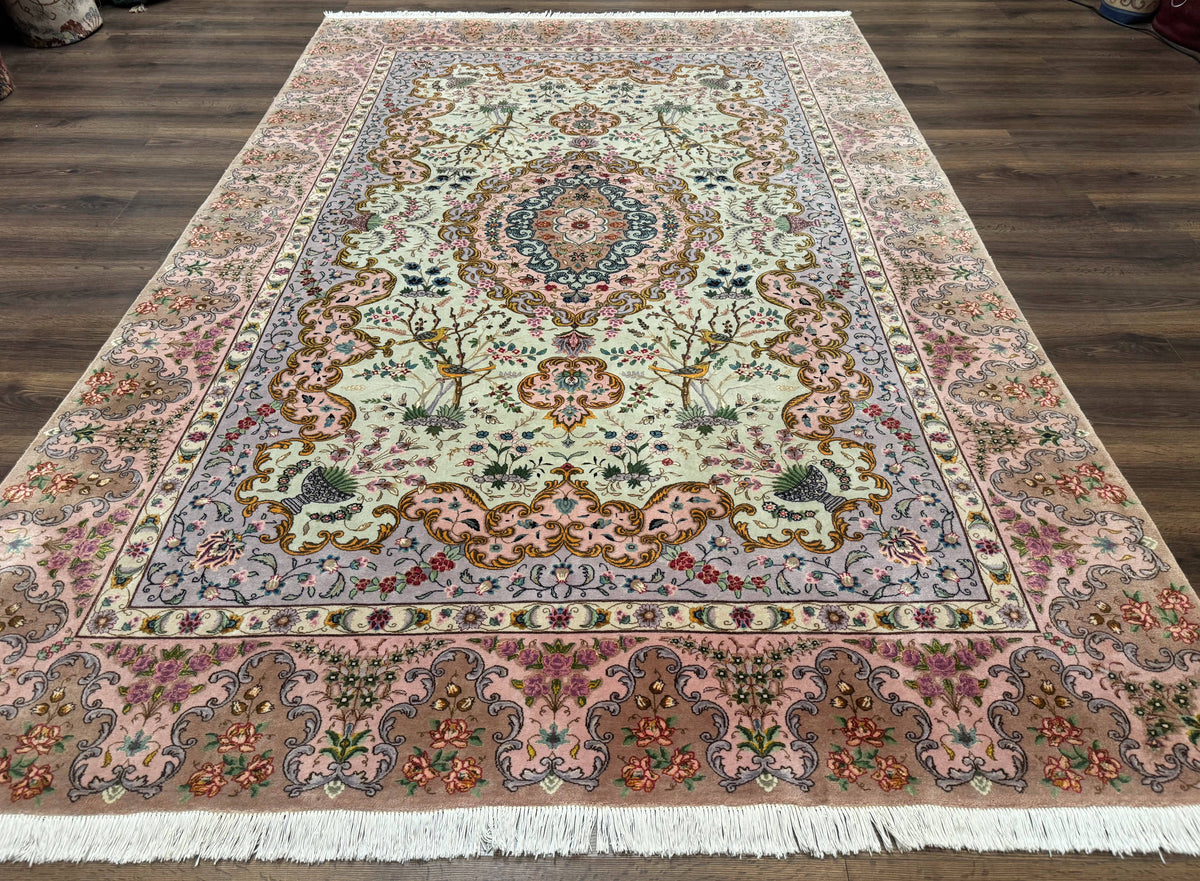 Wonderful Persian Tabriz Rug 7x10, Very Fine 330 KPSI, Light Green Light Blue Pink, Kork Wool Silk Foundation, Bird Pictorials - Jewel Rugs, view 2