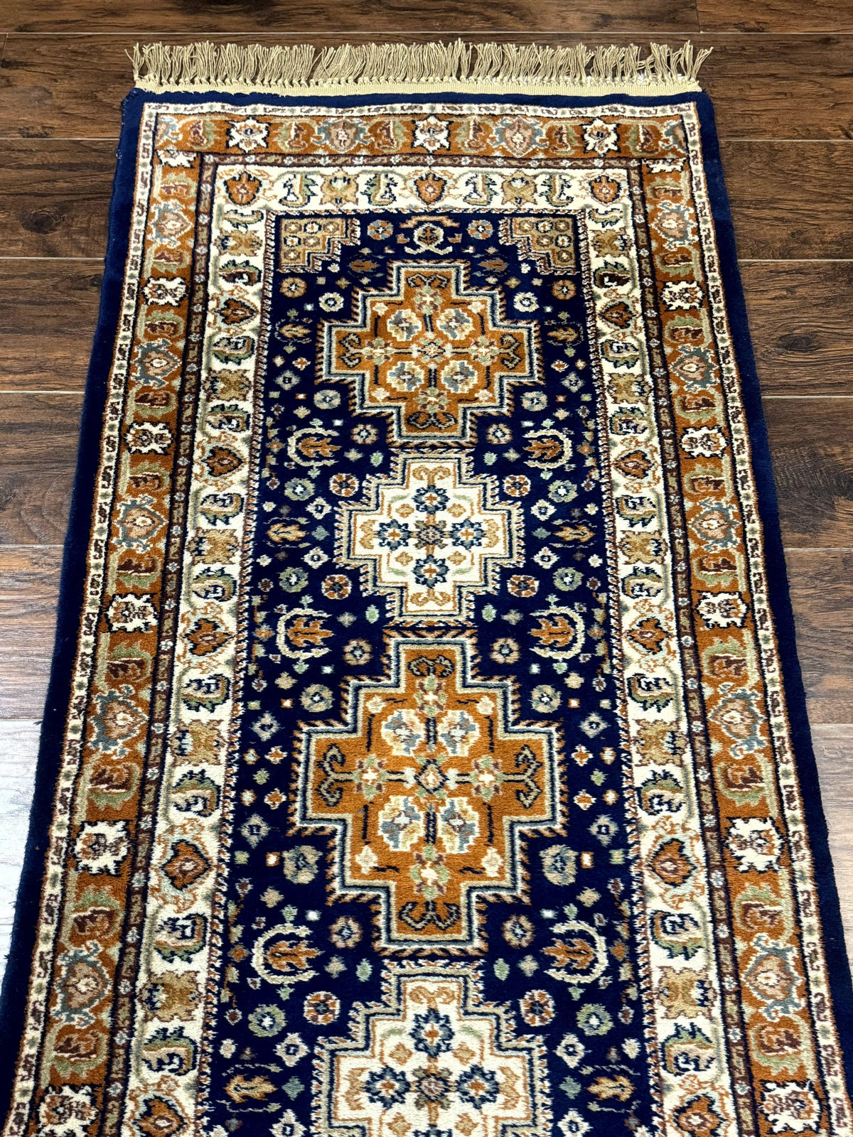 Indo Persian Runner Rug 2.6 x 12.7, Indian Kashmiri Runner for Hallway or Kitchen, Navy Blue, Geometric Medallions, Handmade Wool - Jewel Rugs, view 4