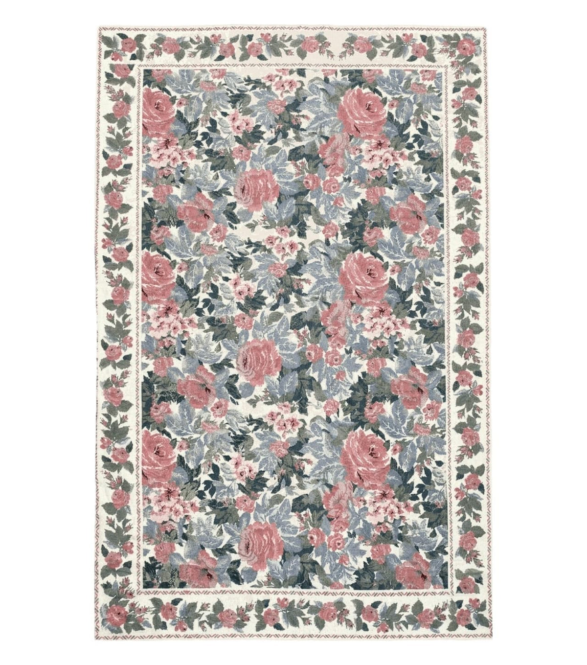 5x8 Needlepoint Rug 5' 4" x 8' 3" Wool Flat Weave Floral New Unused Carpet English Design Ivory Large Pink Flowers Green Leaves Hand-Knotted - Jewel Rugs