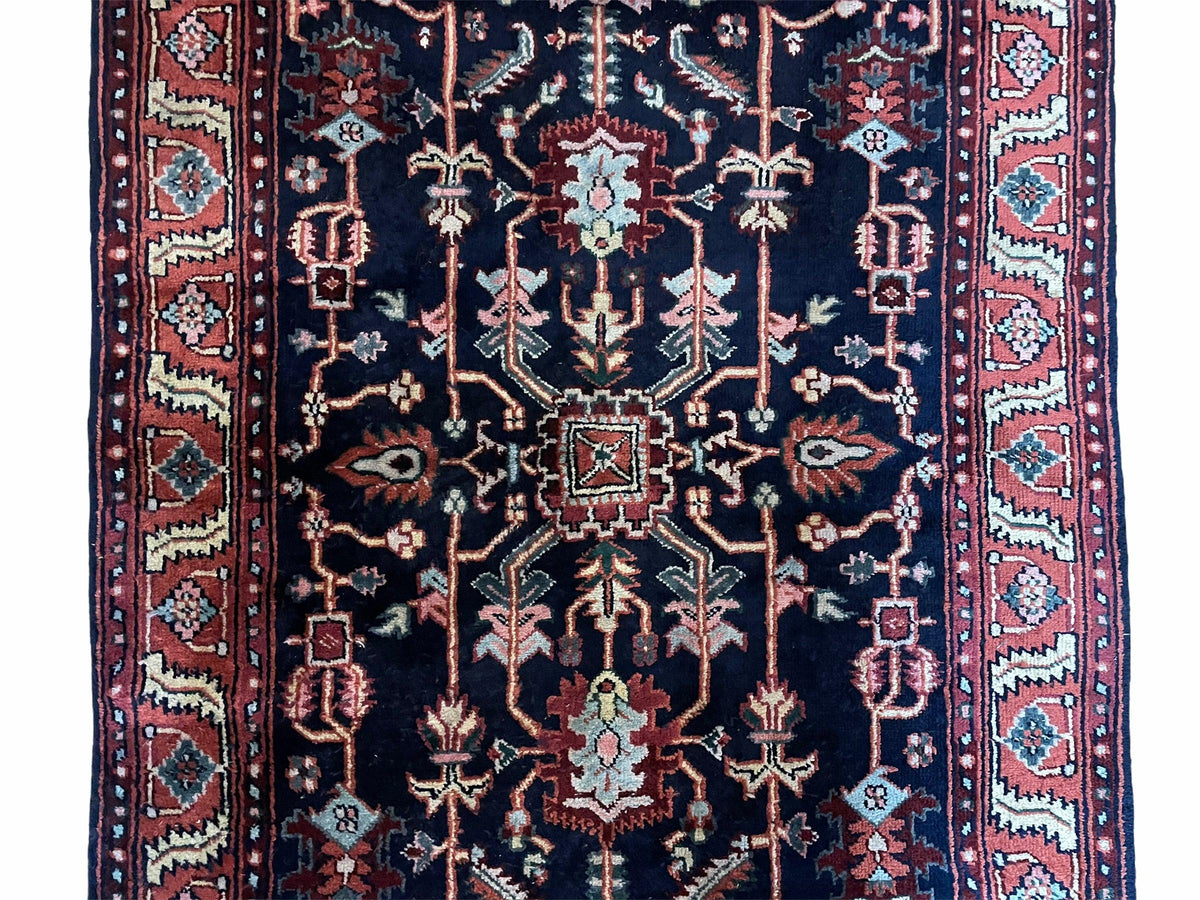 4x6 Vintage Handmade Wool Geometric Rug Organic Dyes Blue Red Hand-Knotted Rug - Jewel Rugs, view 5