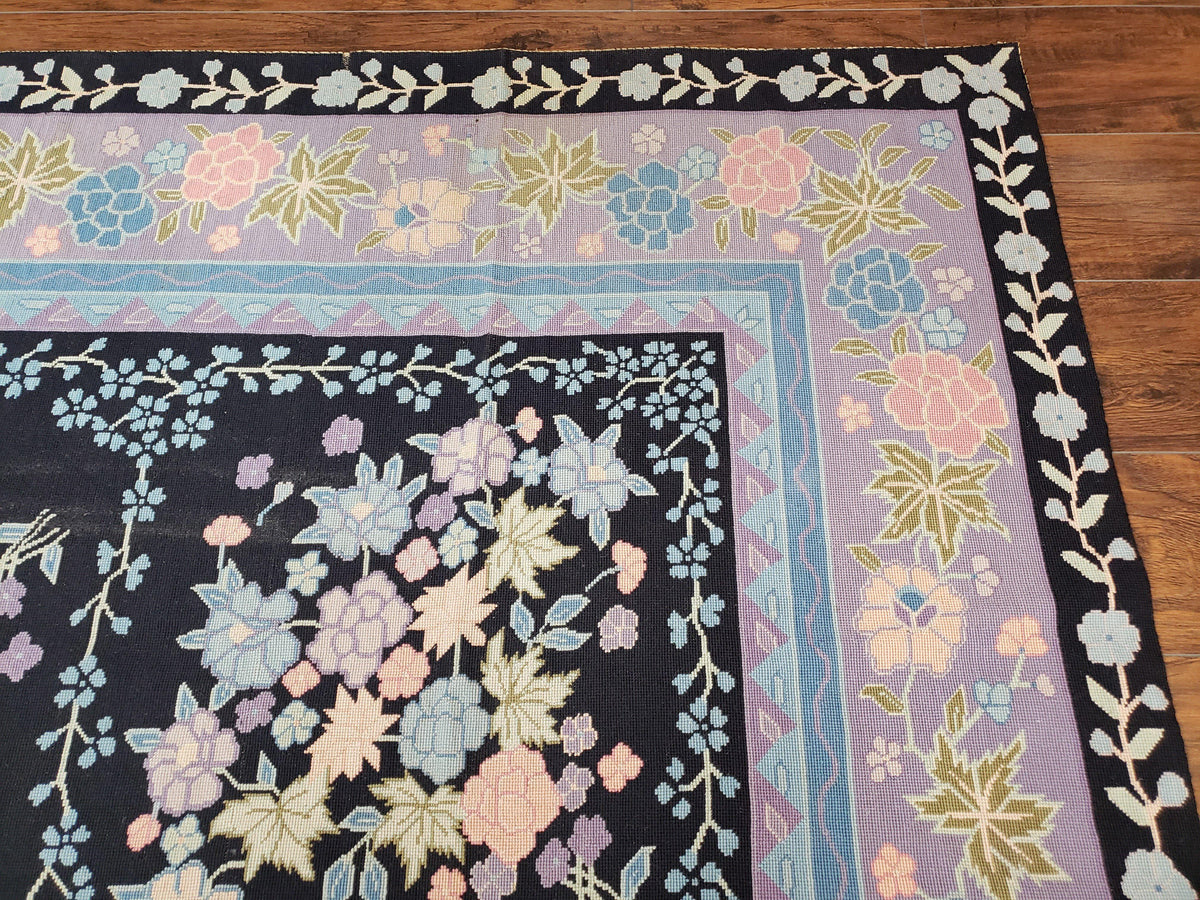 Chinese Needlepoint Rug 8 x 11.4, Hand-Woven Area Carpet, Flatweave Rug, Black Blue Light Violet Floral Garden European Design Wool Aubusson - Jewel Rugs, view 8
