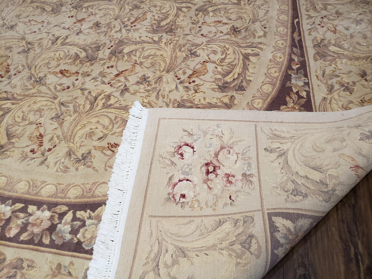 Chinese Aubusson Savonnerie Area Rug 8x12, Vintage 120 Line Carpet, Wool and Silk Hand-Knotted, Birds Flowers Master Weaver Signature - Jewel Rugs, view 11