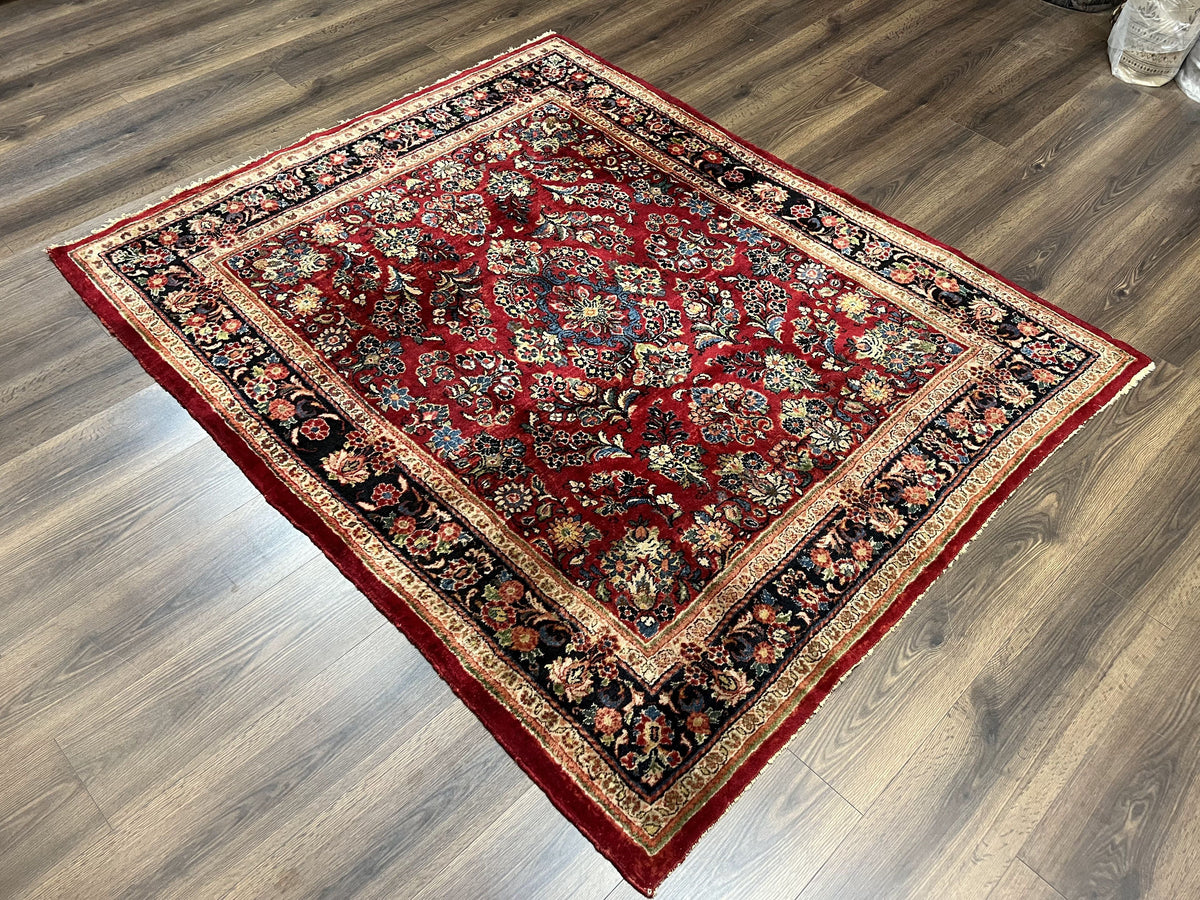 Persian Sarouk Rug 5x6, Hand Knotted Antique 1920s Sarouk, Red Navy Blue - Jewel Rugs, view 2