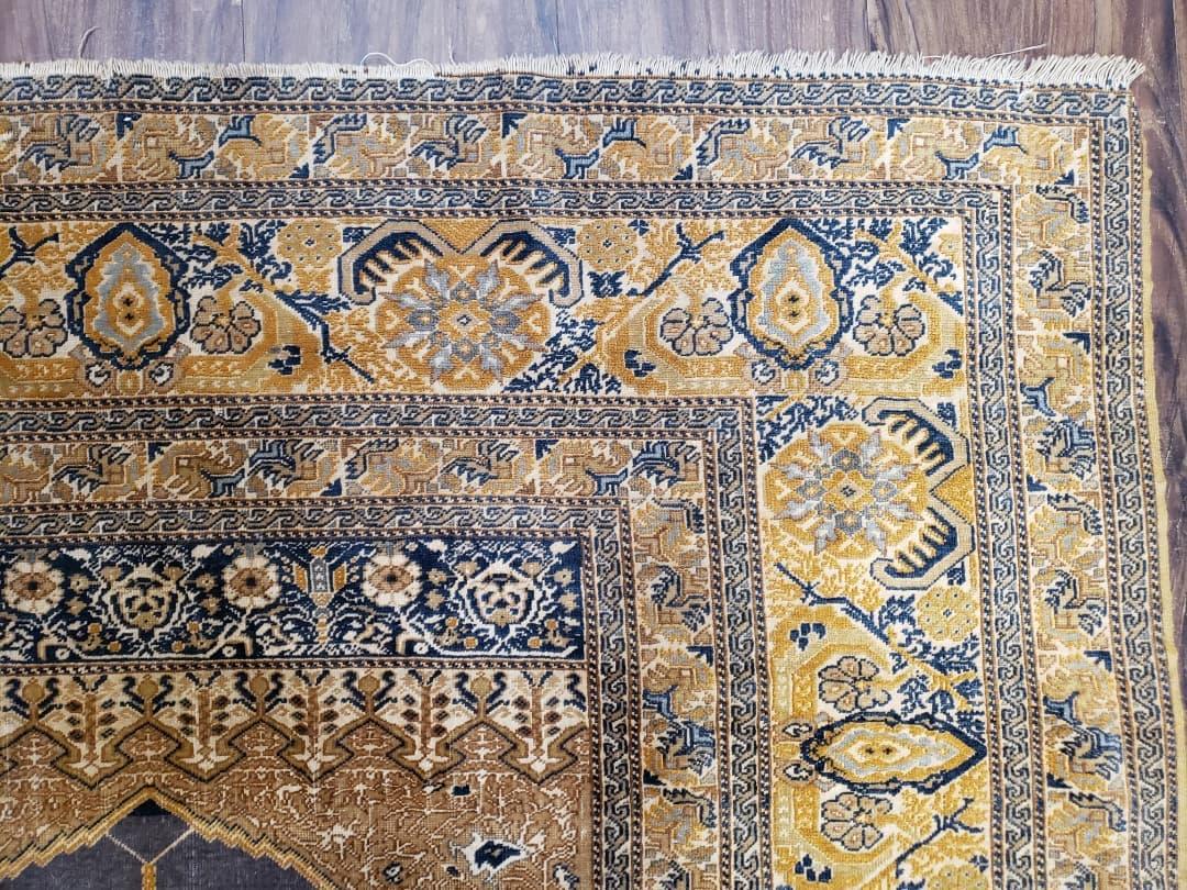 Rare Turkish Ghiordes Prayer Rug 4 x 5.8 ft, Late 19th Century Turkish Oriental Carpet, Mehrab Antique Prayer Rug, Museum Quality, Blue, Tan - Jewel Rugs, view 7