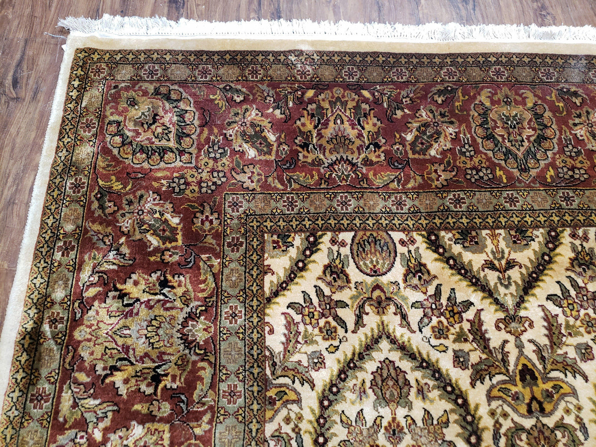 Vintage Indo Persian Area Rug 9x12, Wool Hand-Knotted Ivory & Dark Red Oriental Carpet, Fine Weave 9 x 12 Indian Rug, Dining Room Rug - Jewel Rugs, view 7