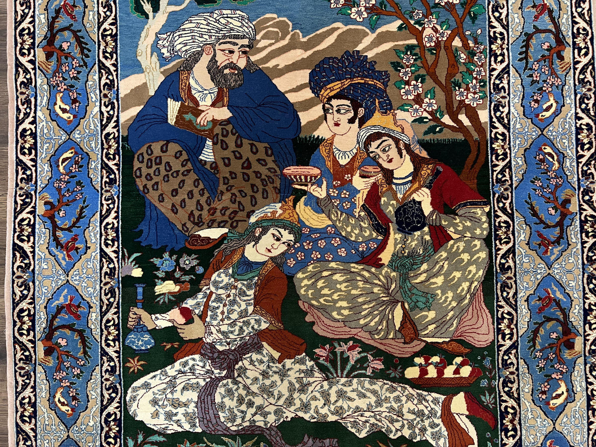 Fine Persian Isfahan Pictorial Rug 3.7 x 5, Kork Wool on Silk Foundation, Blue Persian Carpet, Hand Knotted, Humans Birds, High KPSI, Semi Antique - Jewel Rugs, view 5