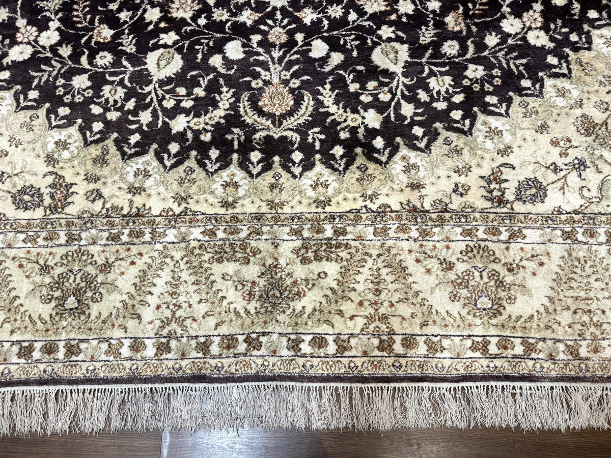 Indian Kashmiri Silk Rug 10x14, Floral Medallion - Jewel Rugs, view 5
