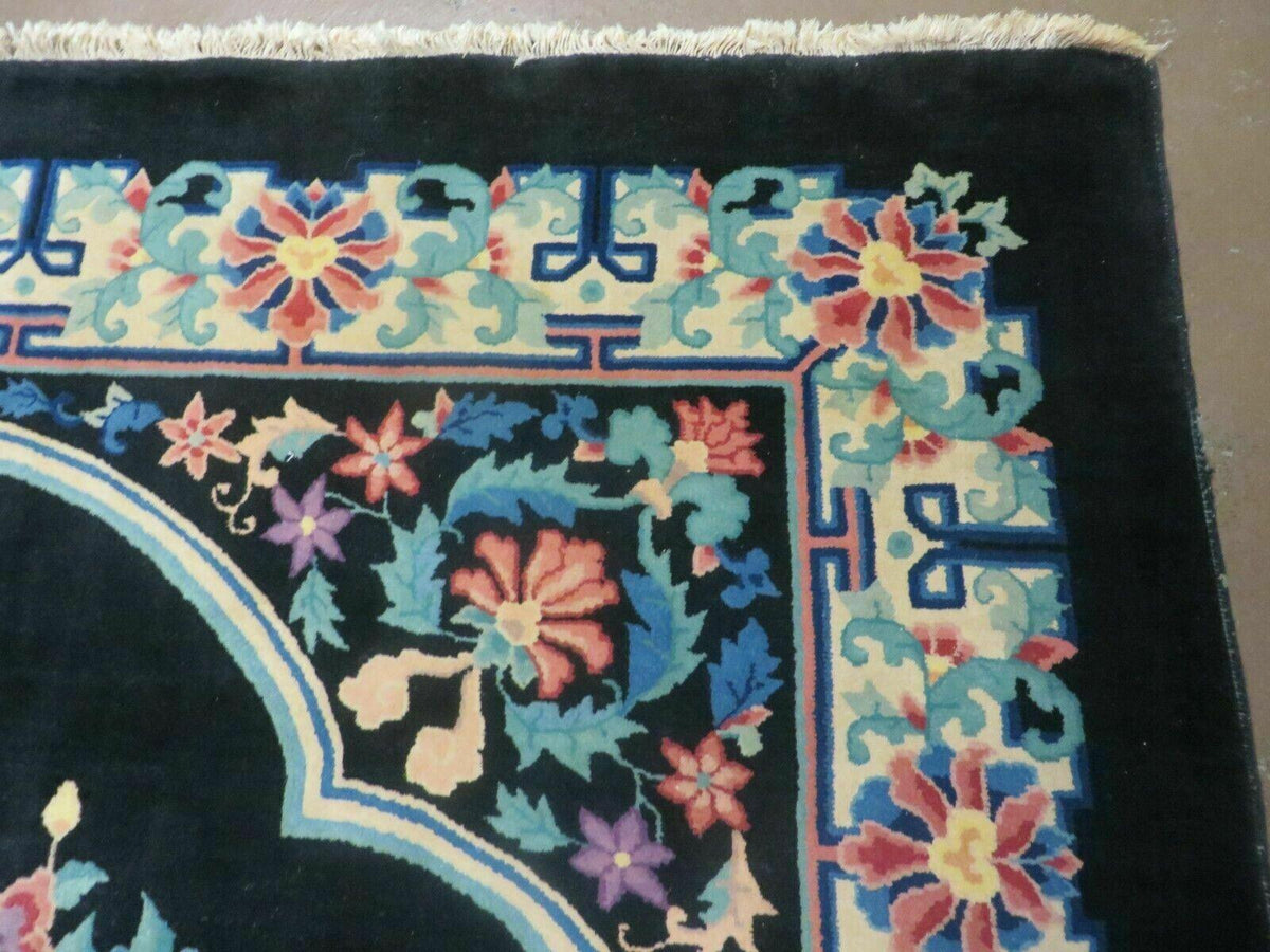 Black Chinese Wool Rug 8x10, Art Deco Floral Carpet, Soft Plush Pile - Jewel Rugs, view 7