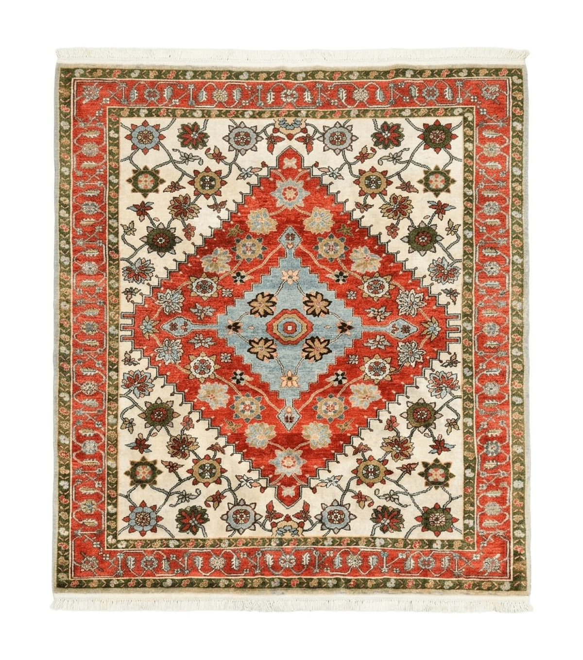 Indo Persian Heriz Rug 7x9, Geometric Pattern, Cream & Light Red, Handmade Vintage Wool Carpet - Jewel Rugs