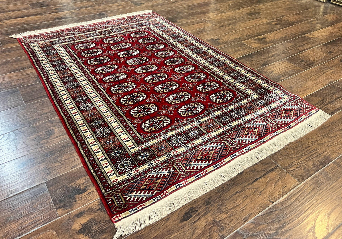 Pakistani Bokhara Rug 4x6, Red Turkoman Carpet, Finely Hand Knotted, Wool Vintage Rug - Jewel Rugs, view 3