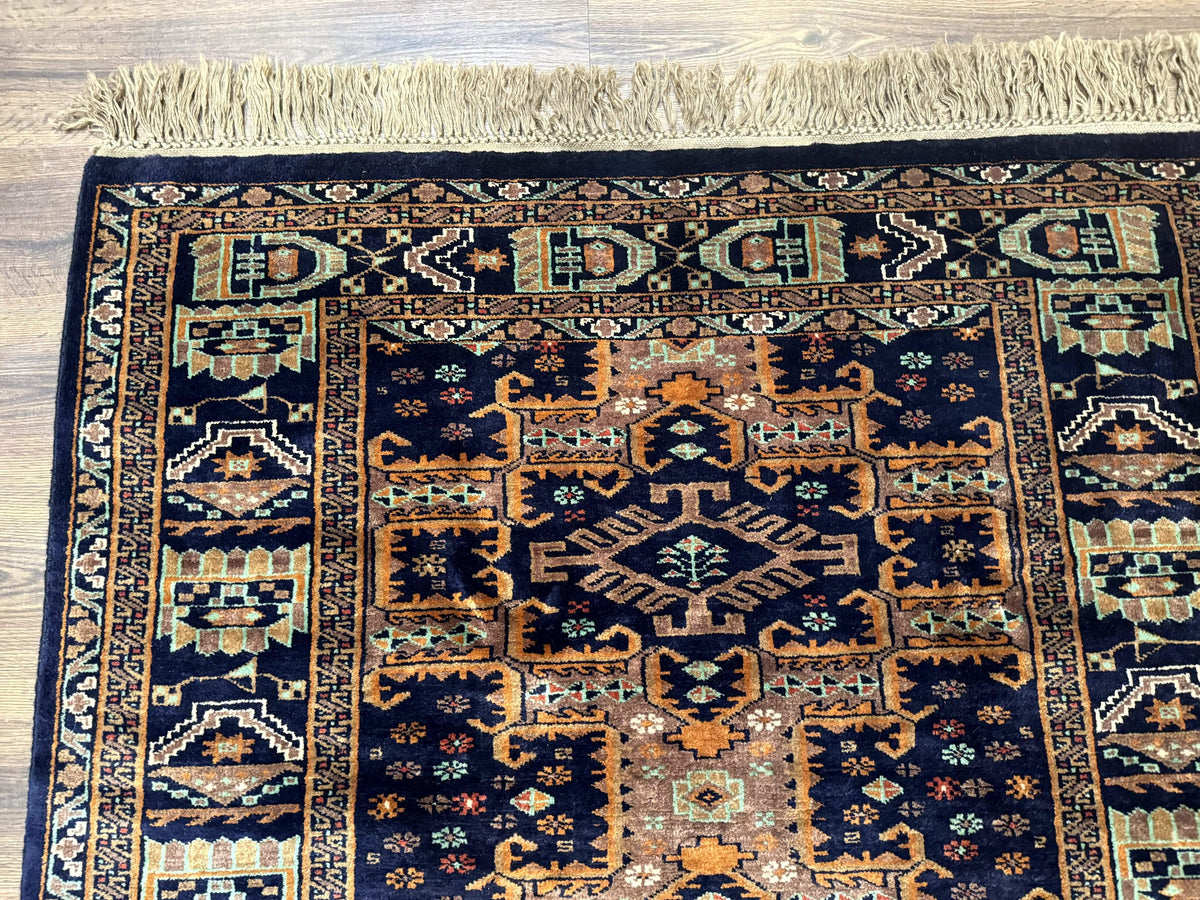 Vintage Afghan Rug 4x6, Navy Blue and Light Brown, Geometric Medallions, Wool on Wool, Tribal Rug - Jewel Rugs, view 7