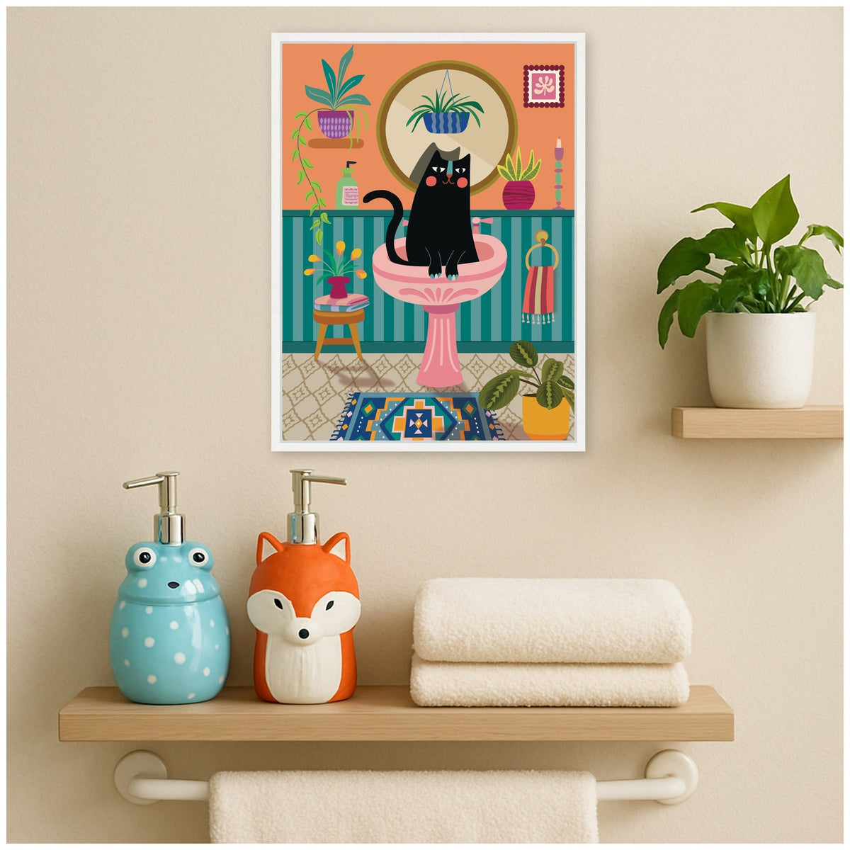 Black Cat Bathroom by Rachel Lee 3 Birdies Studio Framed Canvas Wall Art Print