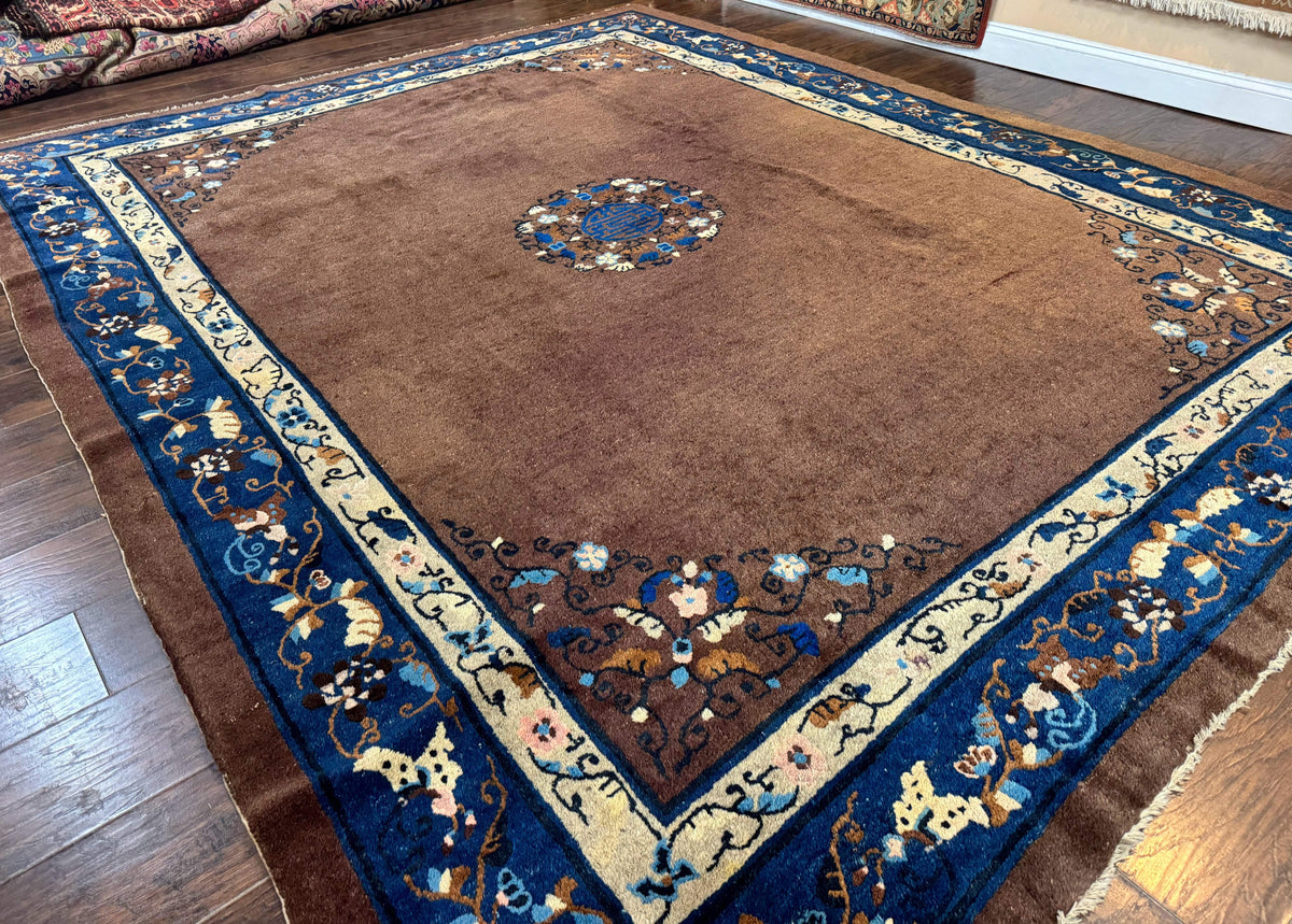 Antique Chinese Wool Rug 9x11, Large Chinese Art Deco Rug, Peking Rug, Brown and Blue, Open Field, Fete Rug - Jewel Rugs, view 13
