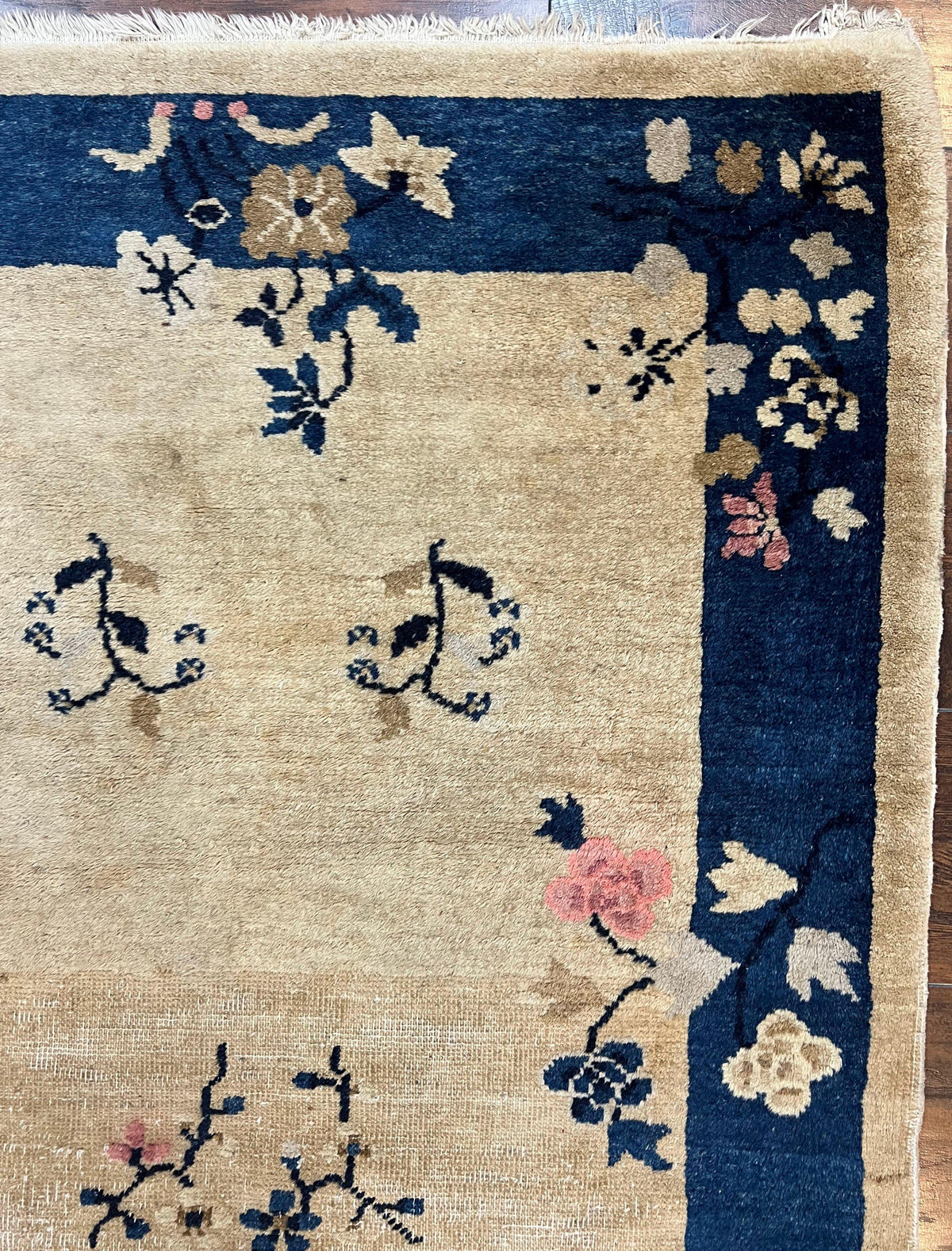 Antique Chinese Peking Rug 3x6, Beige and Dark Blue Hand Knotted Handmade Asian Oriental Carpet, Floral Vases, Vintage Wool Art Deco Rug - Jewel Rugs, view 8